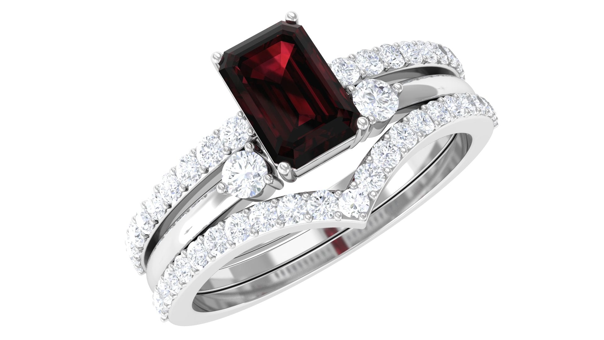 Rosec Jewels-Natural Emerald Cut Garnet Diamond Wedding Bridal Ring Set of 3