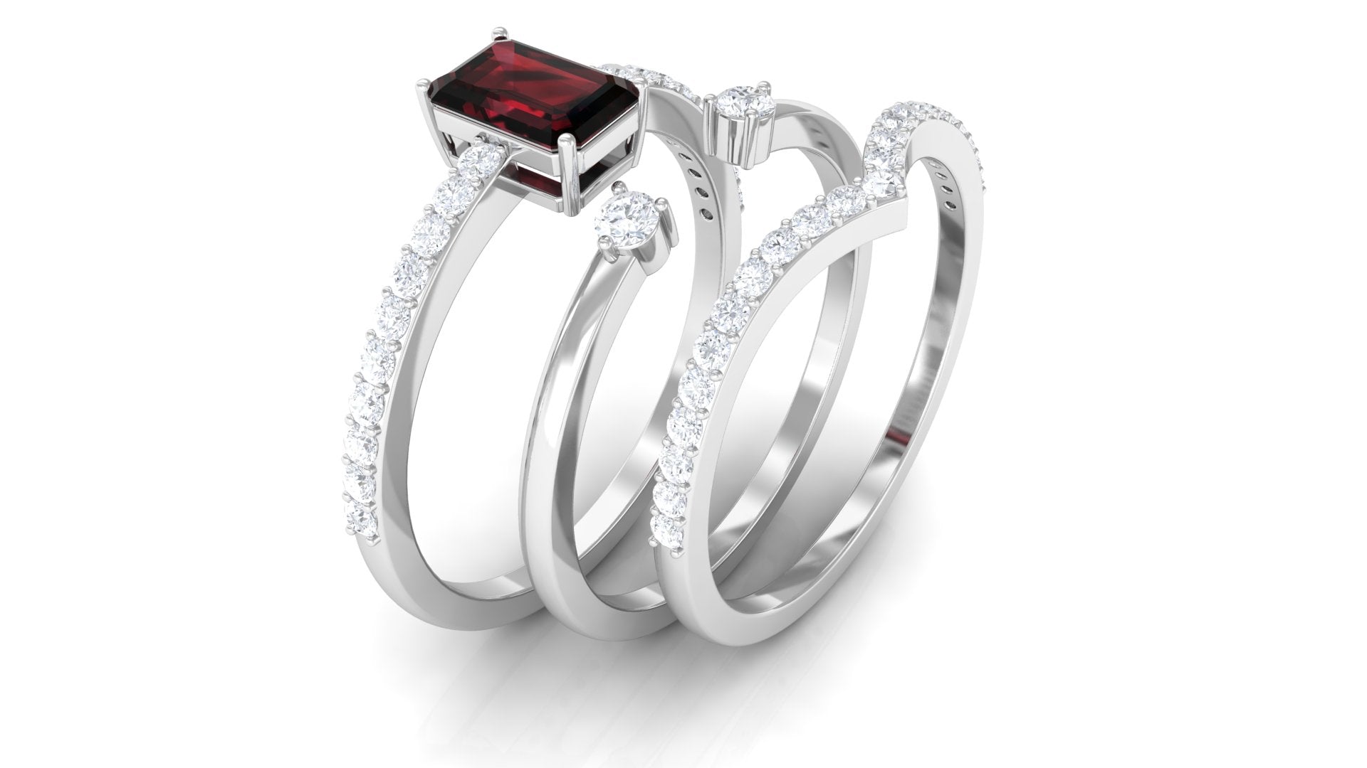Rosec Jewels-Natural Emerald Cut Garnet Diamond Wedding Bridal Ring Set of 3