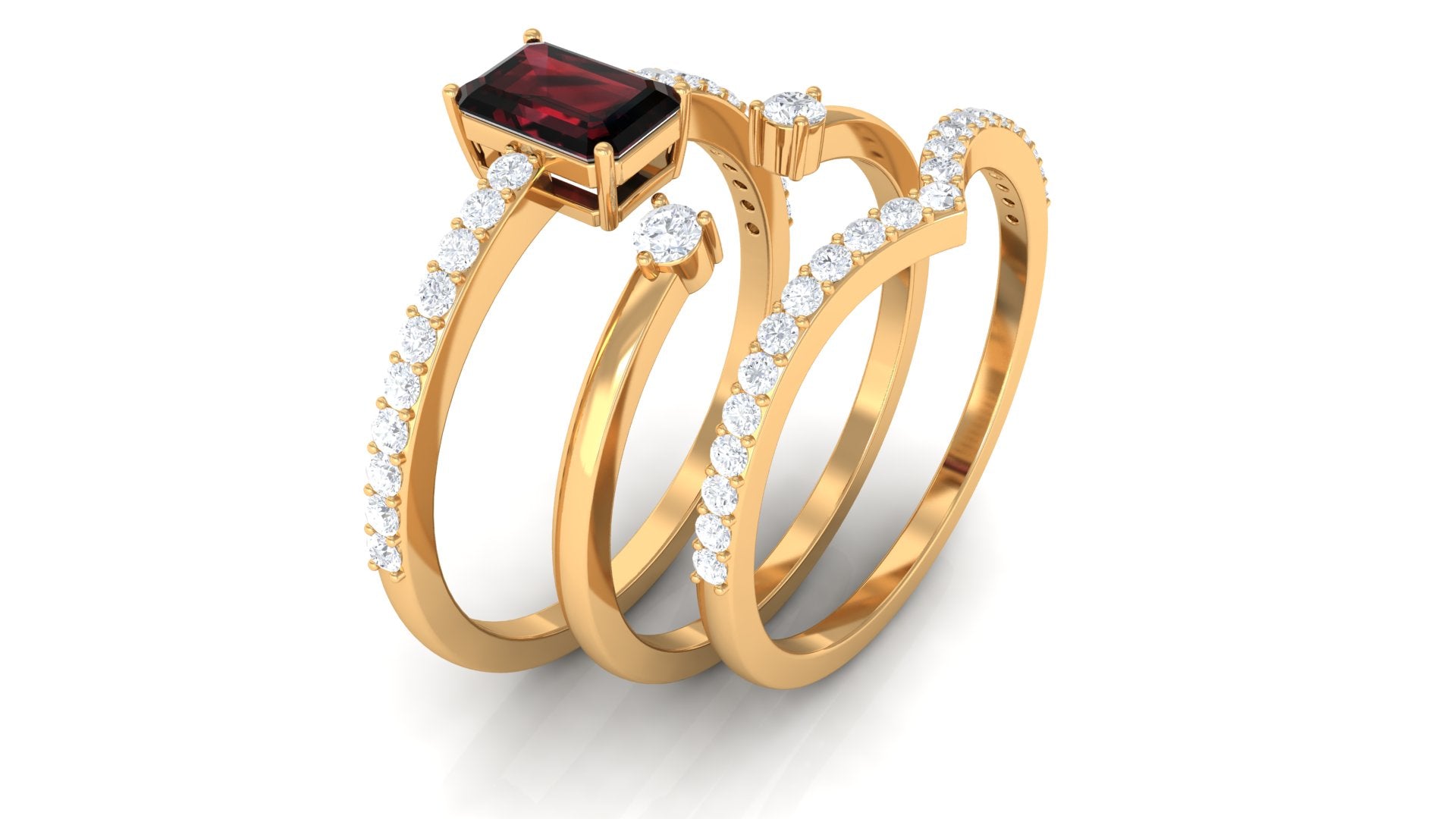 Rosec Jewels-Natural Emerald Cut Garnet Diamond Wedding Bridal Ring Set of 3