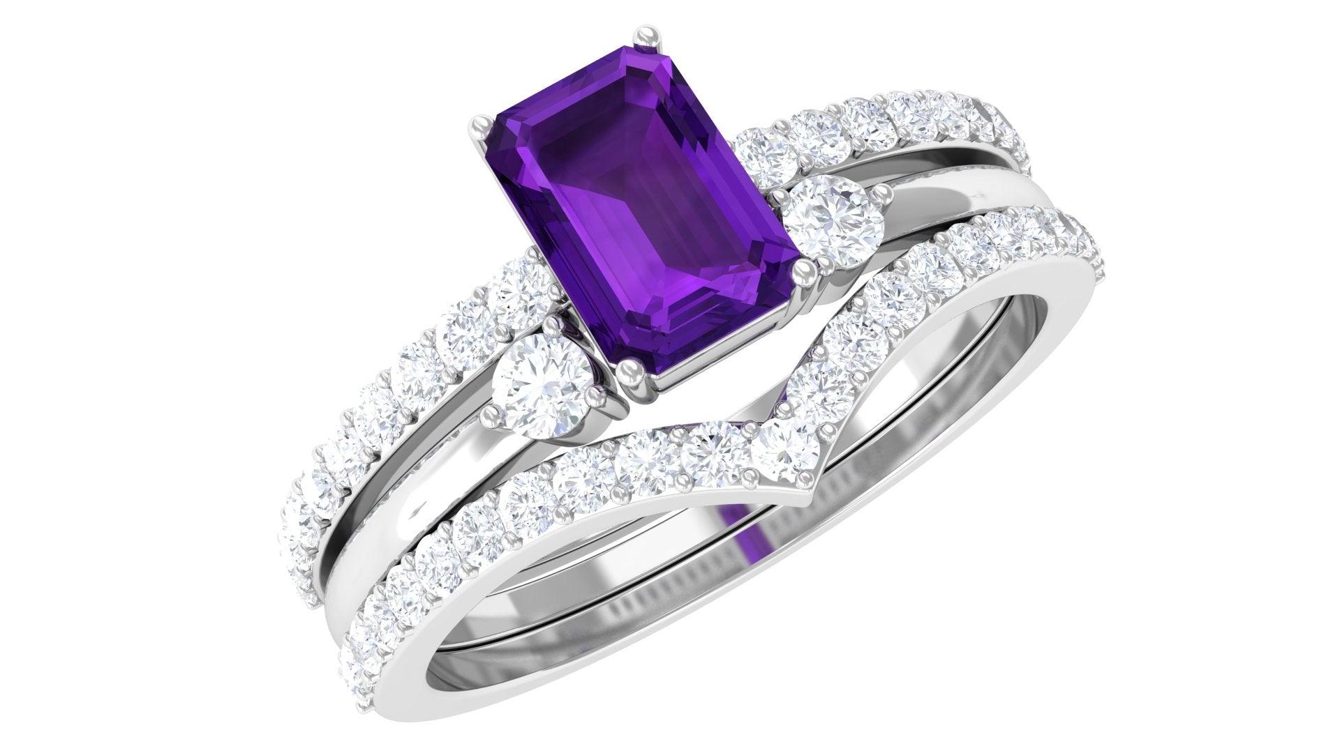 Natural 1.4 Carat Emerald Cut Amethyst Diamond 3 Piece Bridal Ring Set AAA - Rosec Jewels