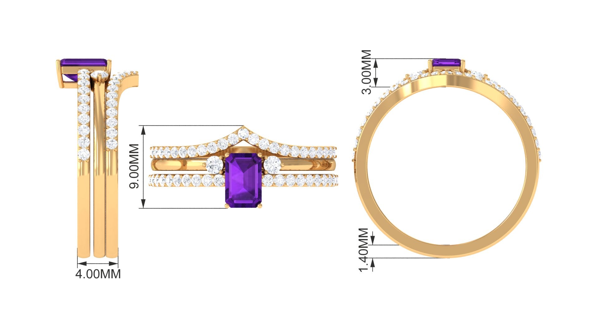 Natural 1.4 Carat Emerald Cut Amethyst Diamond 3 Piece Bridal Ring Set AAA - Rosec Jewels