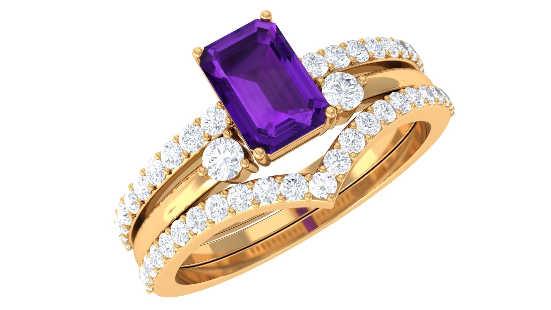 Natural 1.4 Carat Emerald Cut Amethyst Diamond 3 Piece Bridal Ring Set AAA - Rosec Jewels