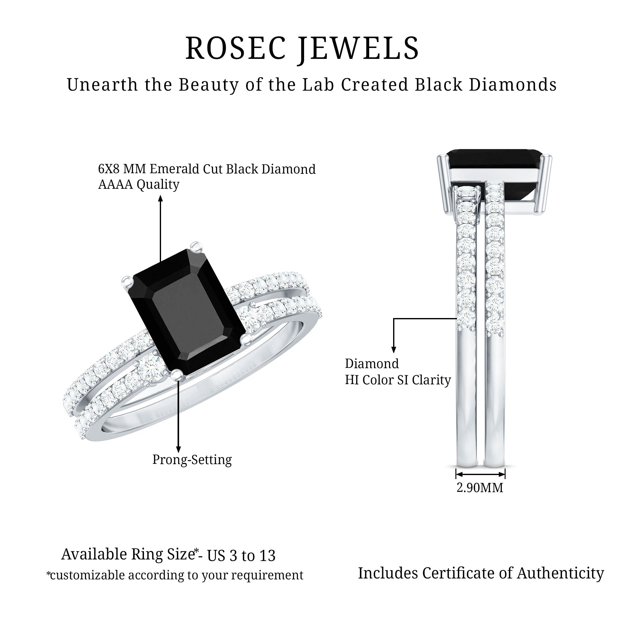 Emerald Cut Created Black Diamond Engagement Ring Set with Diamond AAAA ( Synthetic ) - Rosec Jewels