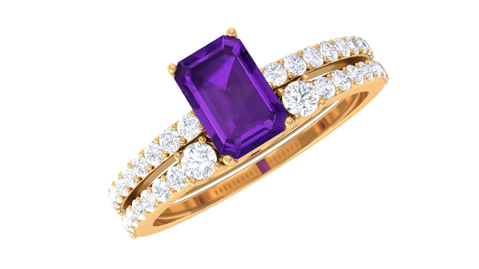 Certified Real 1.4 Carat Emerald Cut Amethyst Wedding Bridal Ring Set with Diamond AAA - Rosec Jewels