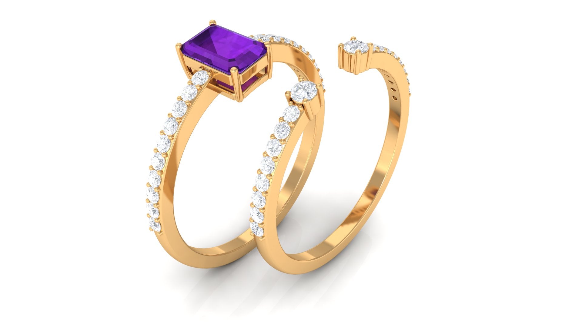 Certified Real 1.4 Carat Emerald Cut Amethyst Wedding Bridal Ring Set with Diamond AAA - Rosec Jewels