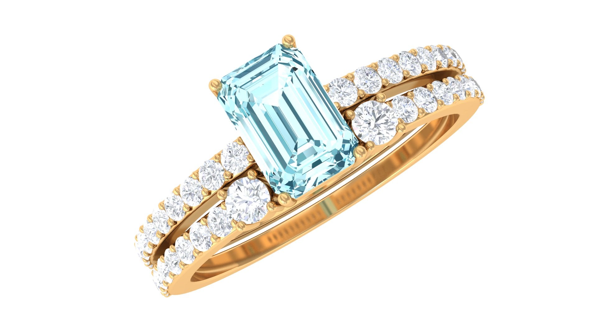 Natural 0.6 Carat Aquamarine and Diamond Emerald Cut Bridal Ring Set AAA - Rosec Jewels