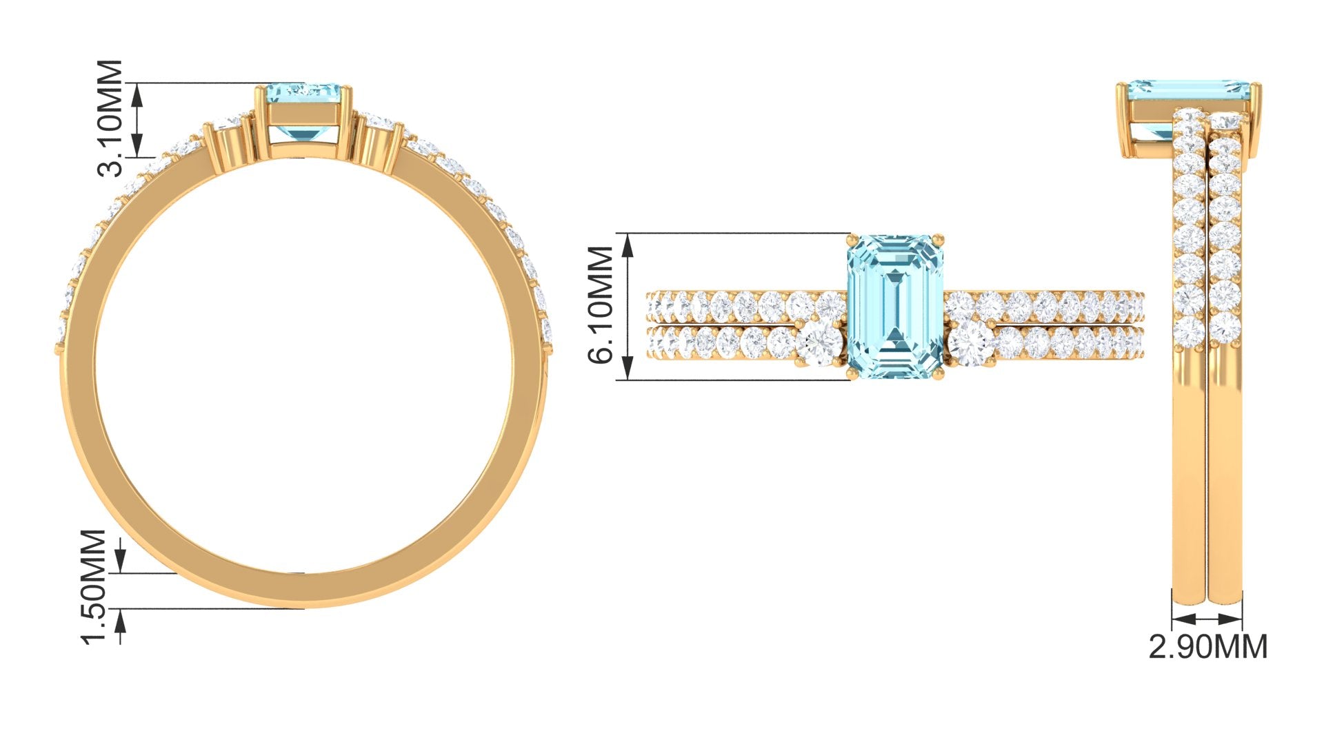 Natural 0.6 Carat Aquamarine and Diamond Emerald Cut Bridal Ring Set AAA - Rosec Jewels