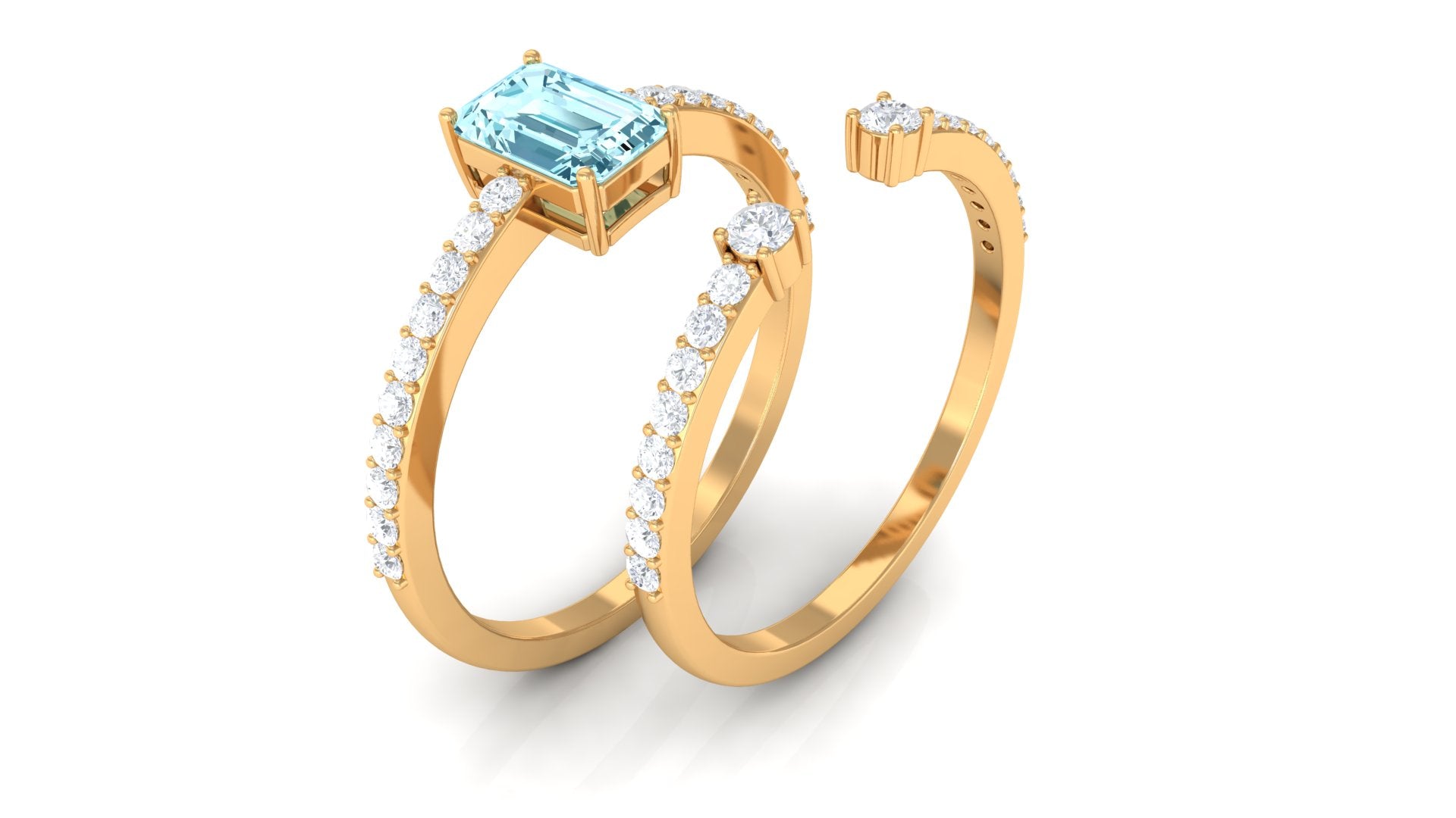 Natural 0.6 Carat Aquamarine and Diamond Emerald Cut Bridal Ring Set AAA - Rosec Jewels