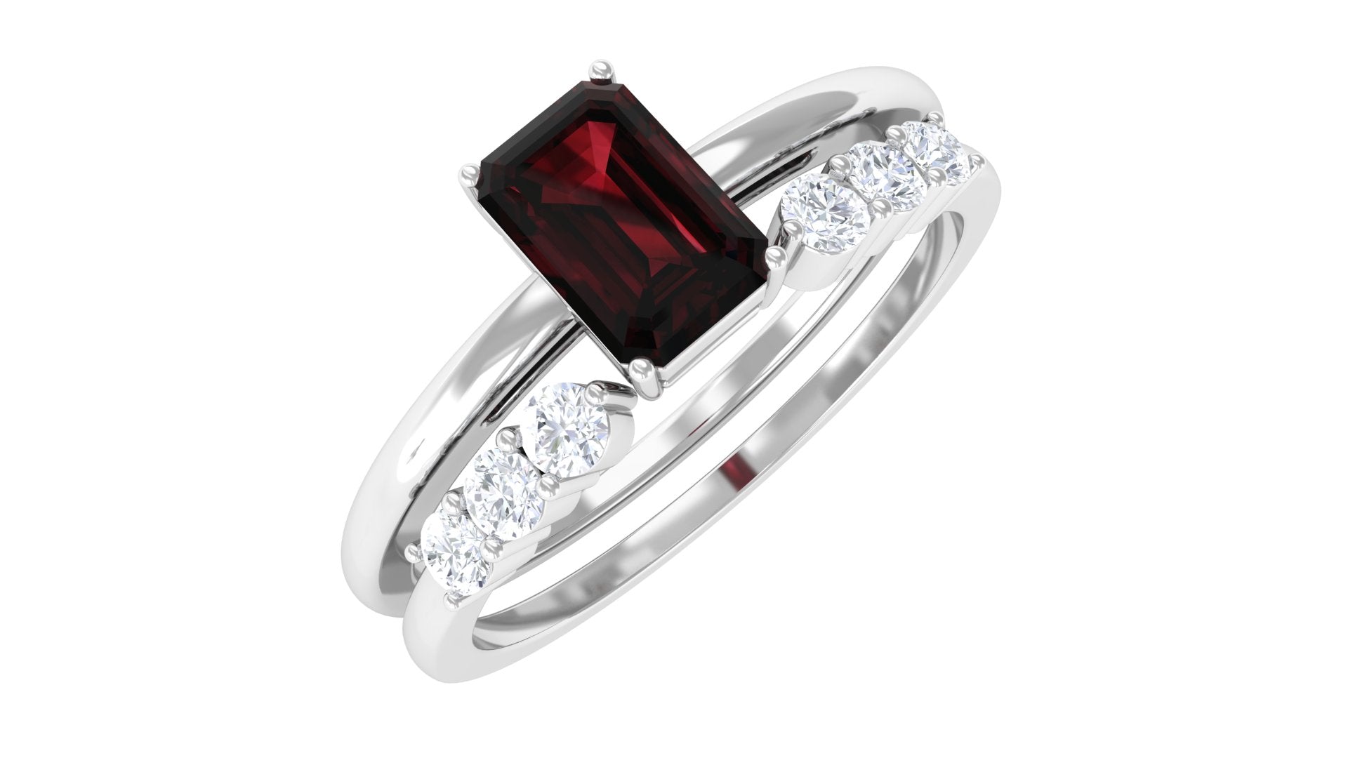 Certified Natural Garnet Diamond Emerald Cut Wedding Bridal Ring Set