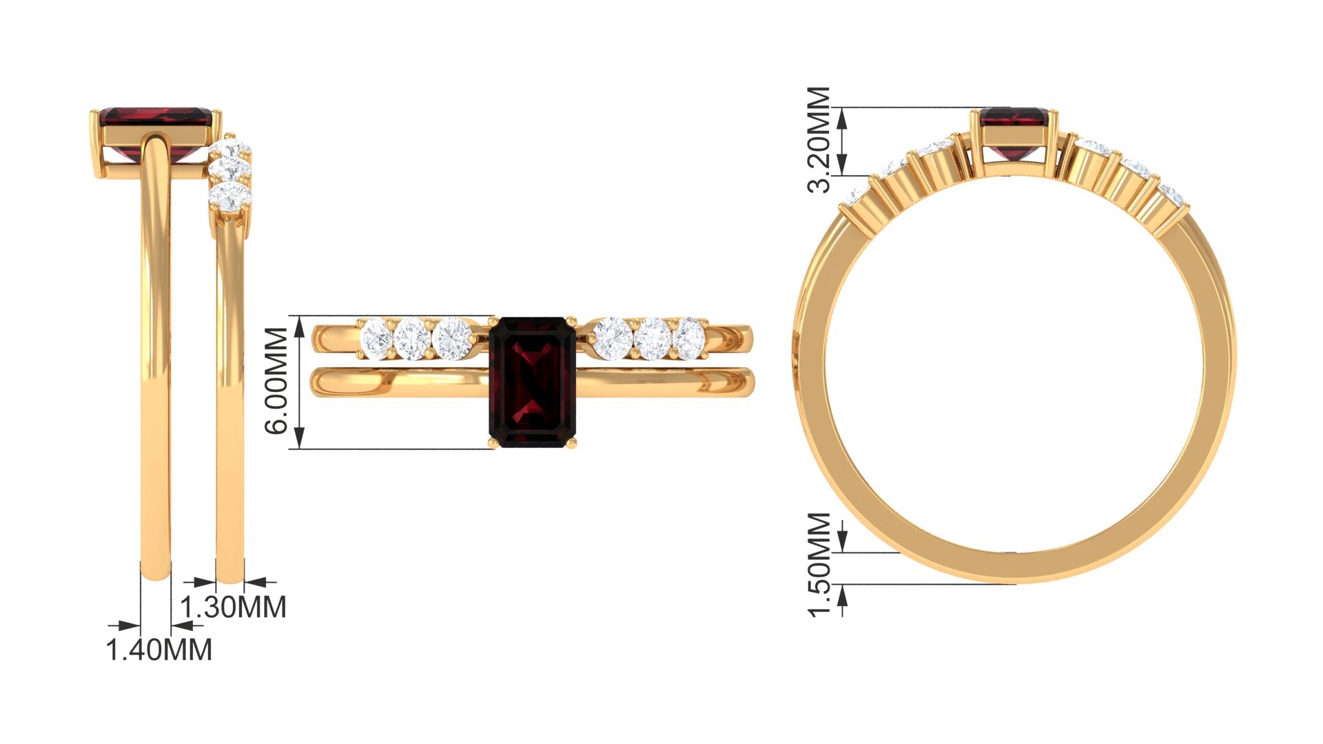 Certified Natural Garnet Diamond Emerald Cut Wedding Bridal Ring Set AAA - Rosec Jewels