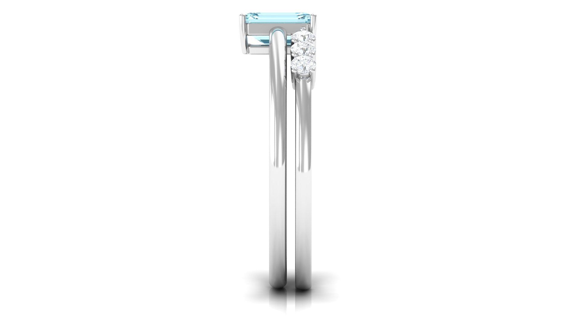 Solitaire 4X6MM Aquamarine and Diamond Emerald Cut Stackable Ring Set AAA - Rosec Jewels