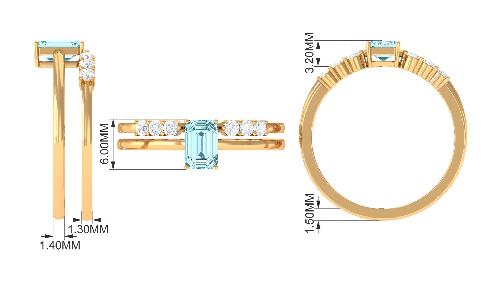 Solitaire 4X6MM Aquamarine and Diamond Emerald Cut Stackable Ring Set AAA - Rosec Jewels