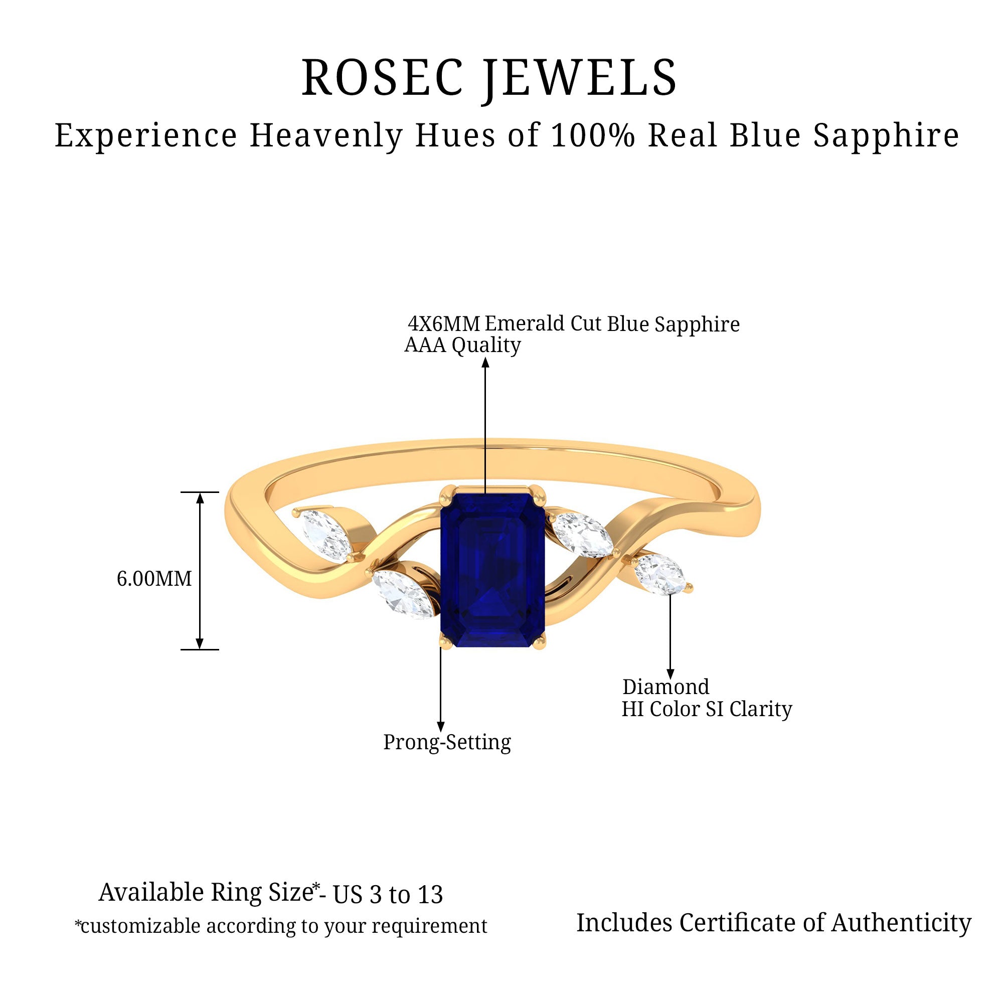 Solitaire Engagement Ring with Octagon Cut Blue Sapphire and Diamond Blue Sapphire - ( AAA ) - Quality - Rosec Jewels