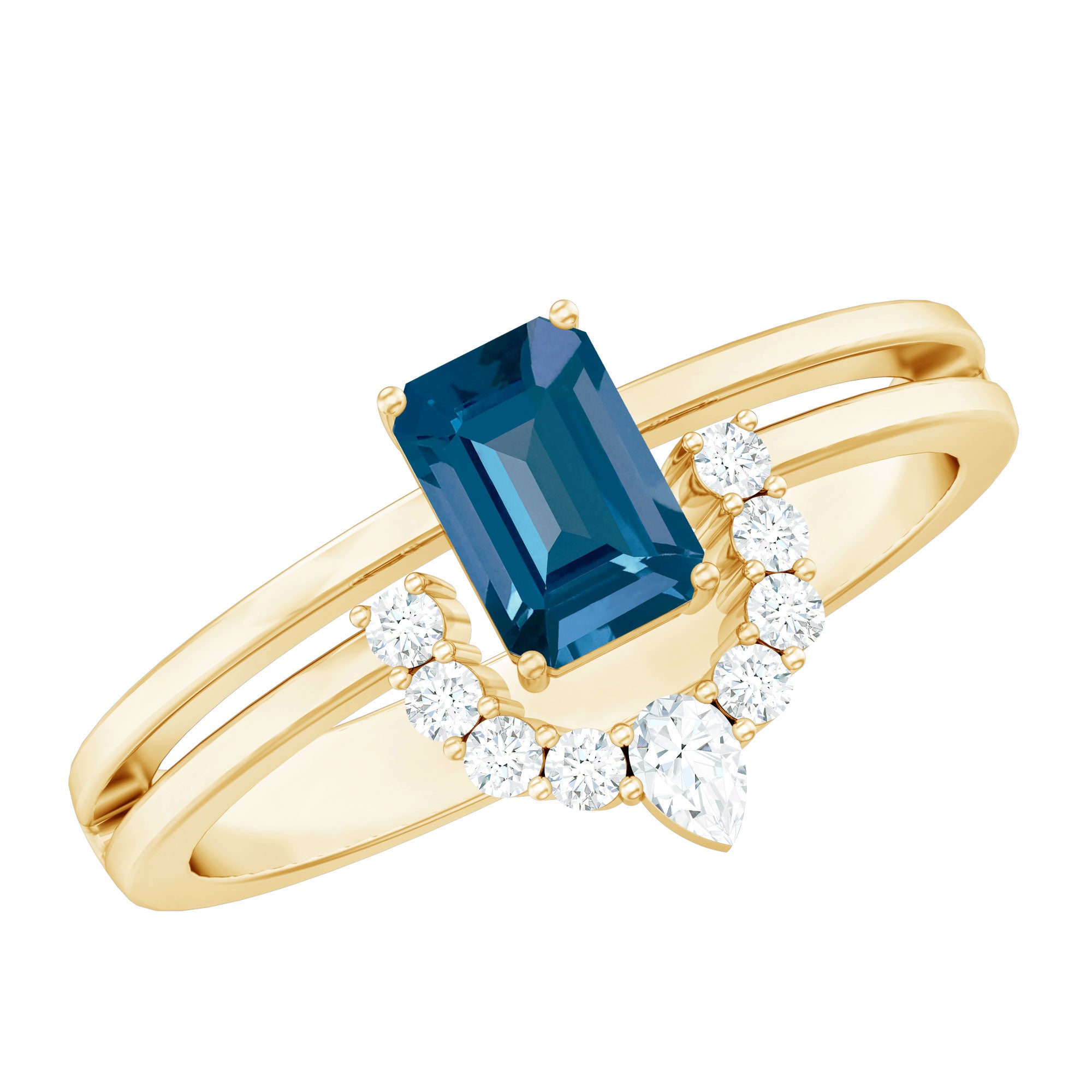 Emerald Cut London Blue Topaz Double Band Engagement Ring with Diamond AAA - Rosec Jewels
