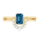 Emerald Cut London Blue Topaz Double Band Engagement Ring with Diamond AAA - Rosec Jewels
