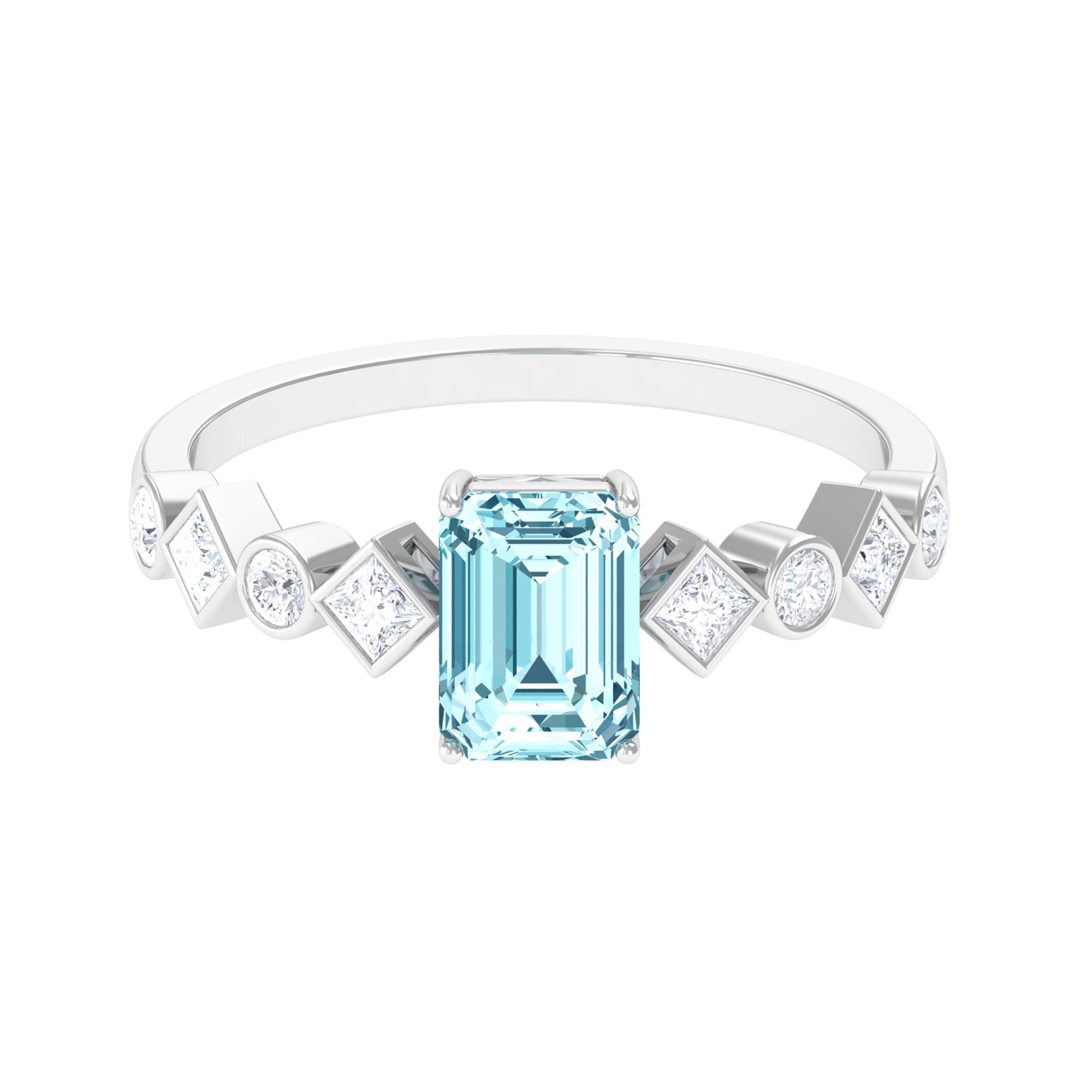 Emerald Cut Aquamarine Engagement Ring with Diamond Side Stones Aquamarine - ( AAA ) - Quality - Rosec Jewels