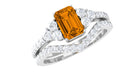 Real Citrine Emerald Cut Engagement Ring with Wedding Band AAA - Rosec Jewels