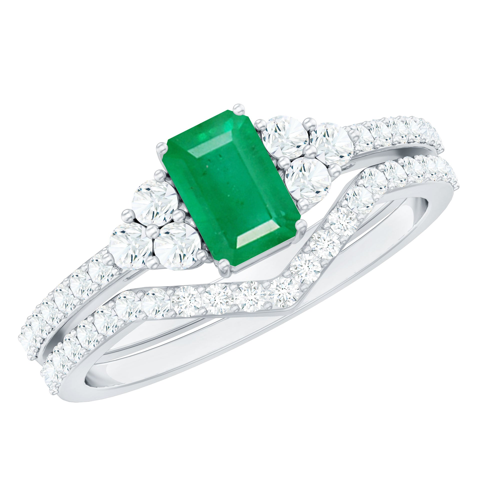 Genuine Emerald Cut Emerald Diamond Bridal Ring Set of 2 AAA - Rosec Jewels