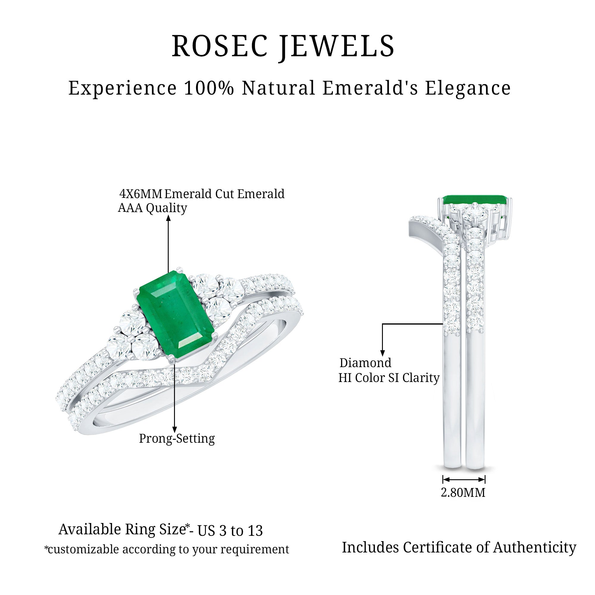 Genuine Emerald Cut Emerald Diamond Bridal Ring Set of 2 AAA - Rosec Jewels