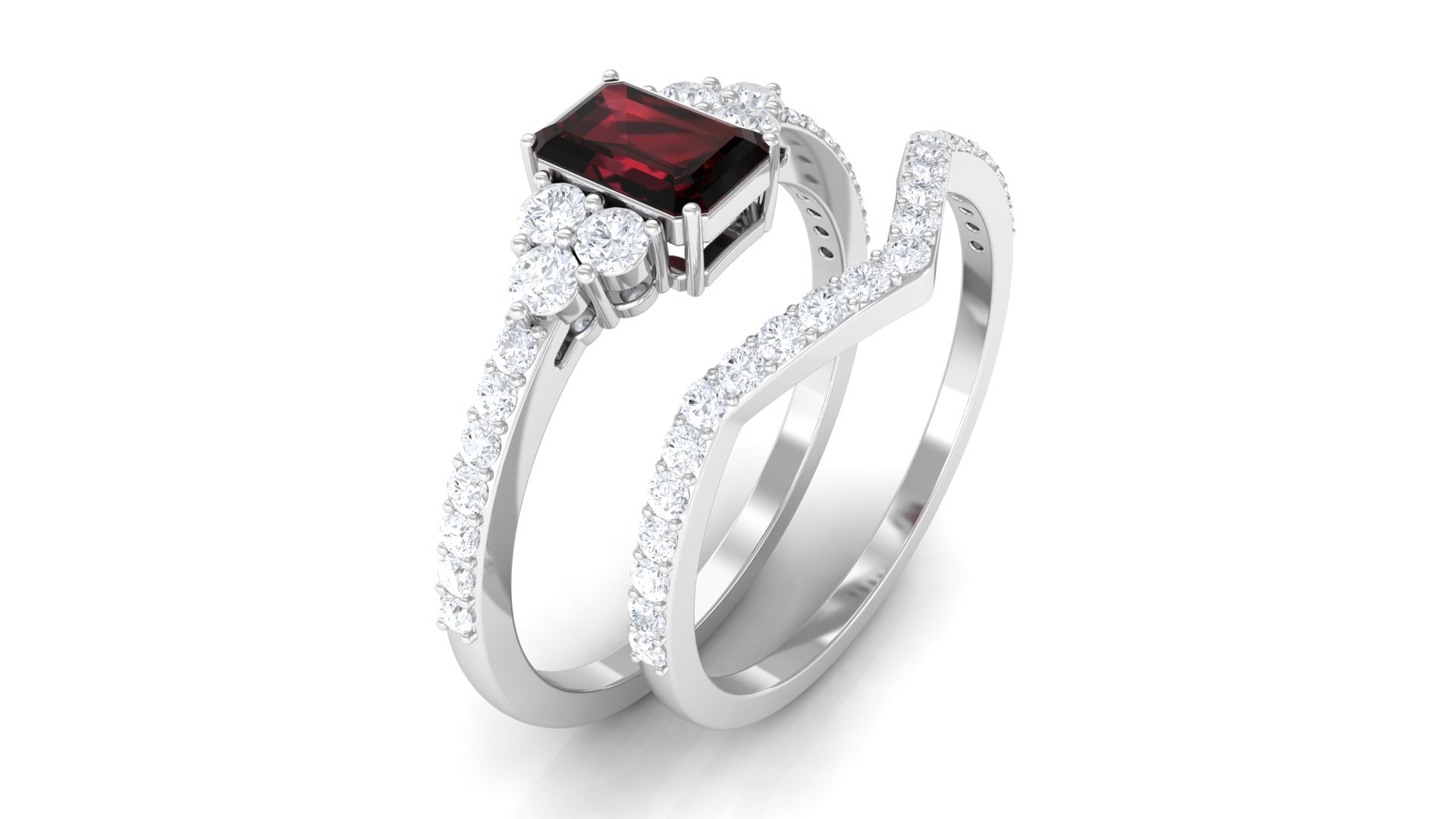 Rosec Jewels-Natural Garnet Diamond Emerald Cut Engagement Wedding Ring Set
