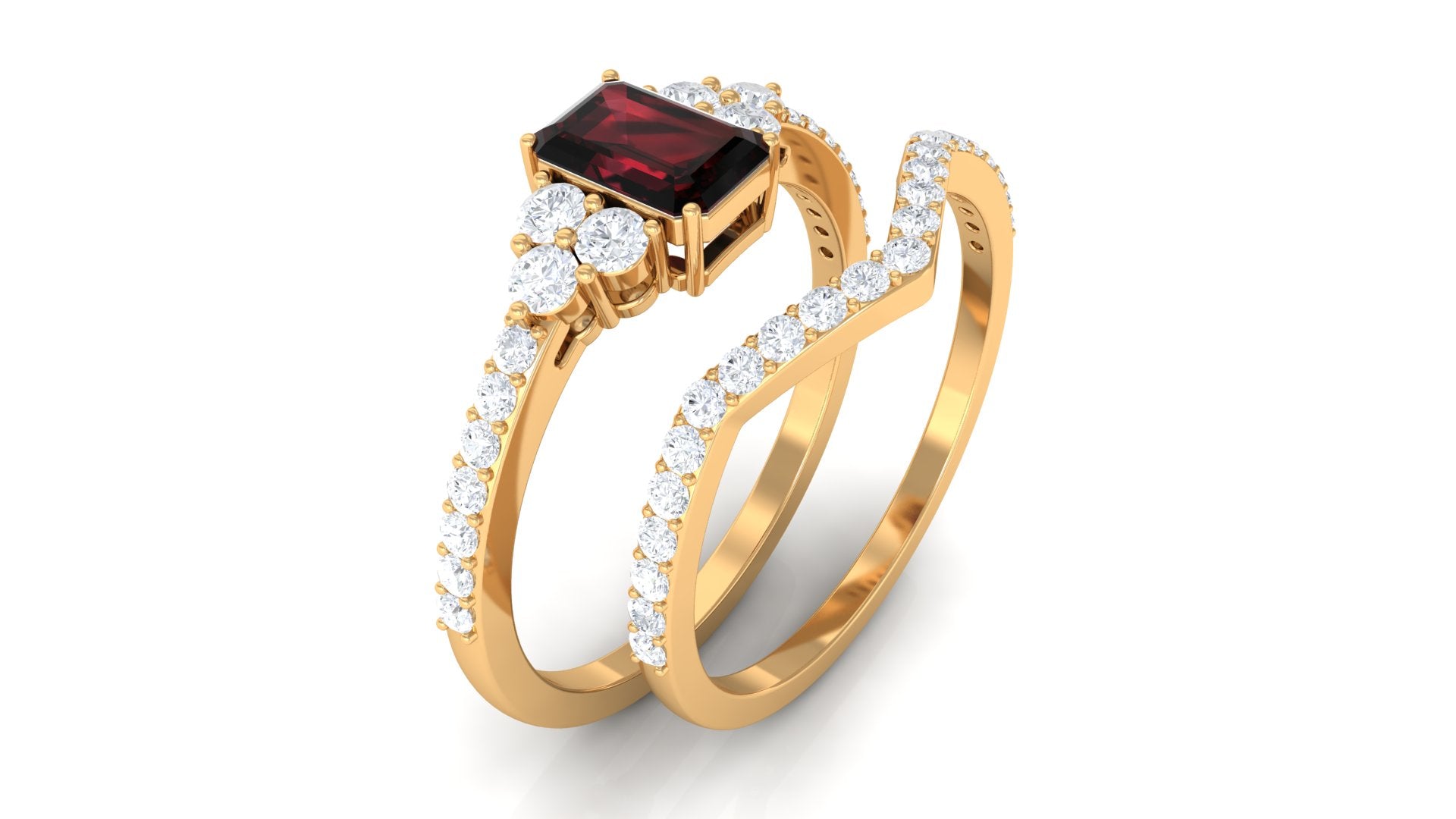Rosec Jewels-Natural Garnet Diamond Emerald Cut Engagement Wedding Ring Set