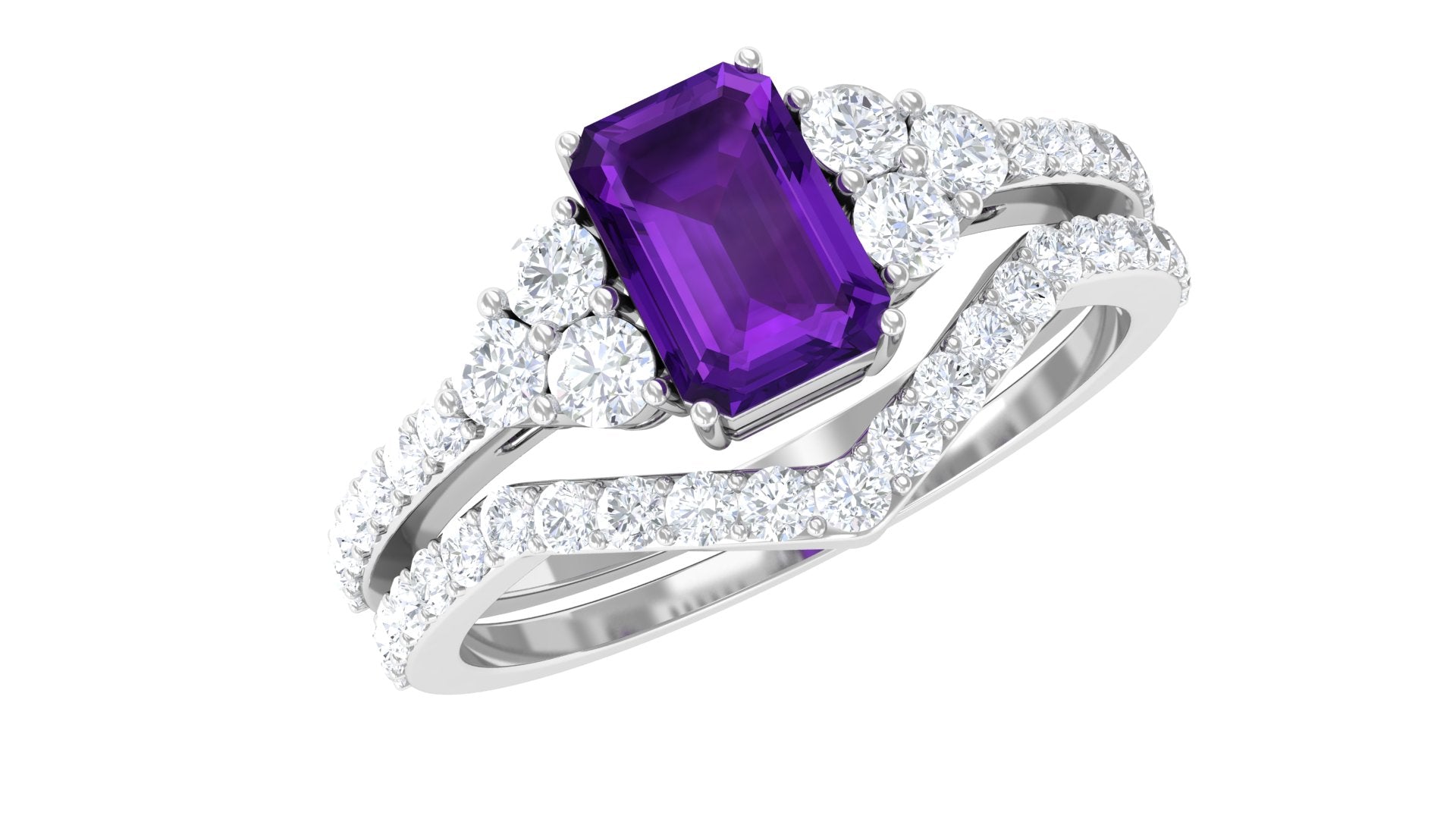 Genuine 1.4 Carat Emerald Cut Amethyst Wedding Ring Set with Diamond AAA - Rosec Jewels