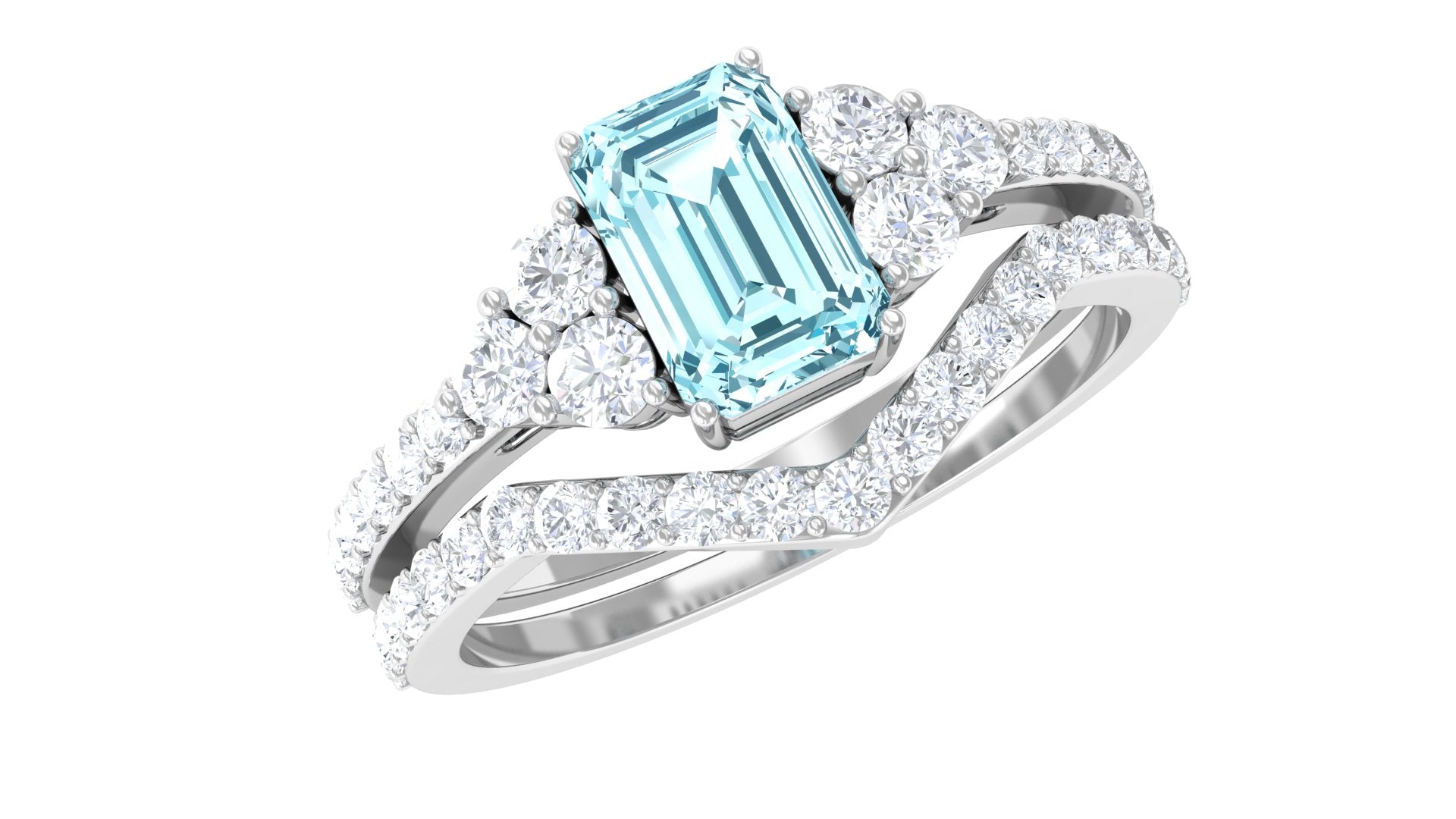 Genuine Aquamarine and Diamond Emerald Cut Wedding Ring Set with Certificate AAA - Rosec Jewels