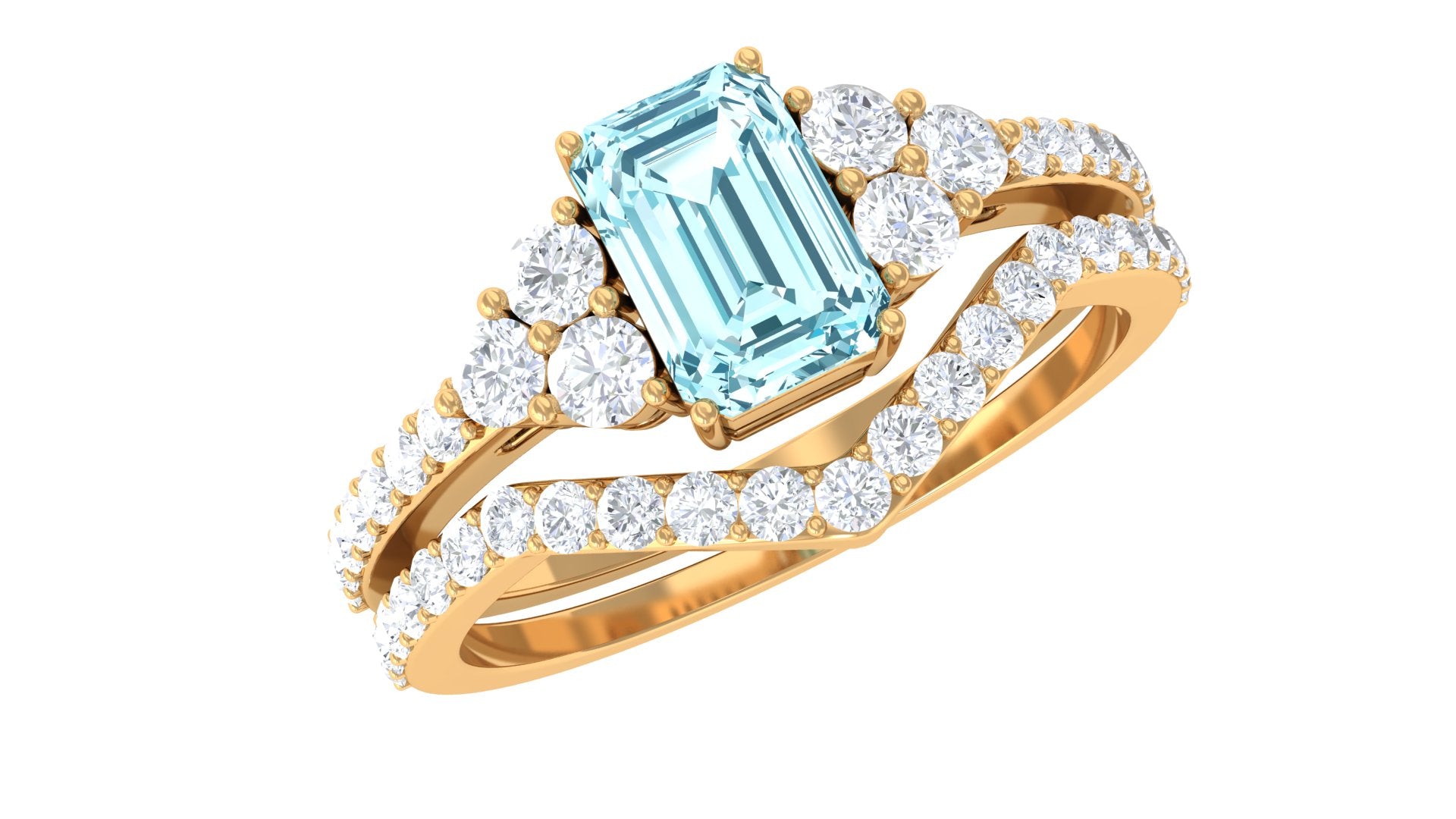 Genuine Aquamarine and Diamond Emerald Cut Wedding Ring Set with Certificate AAA - Rosec Jewels