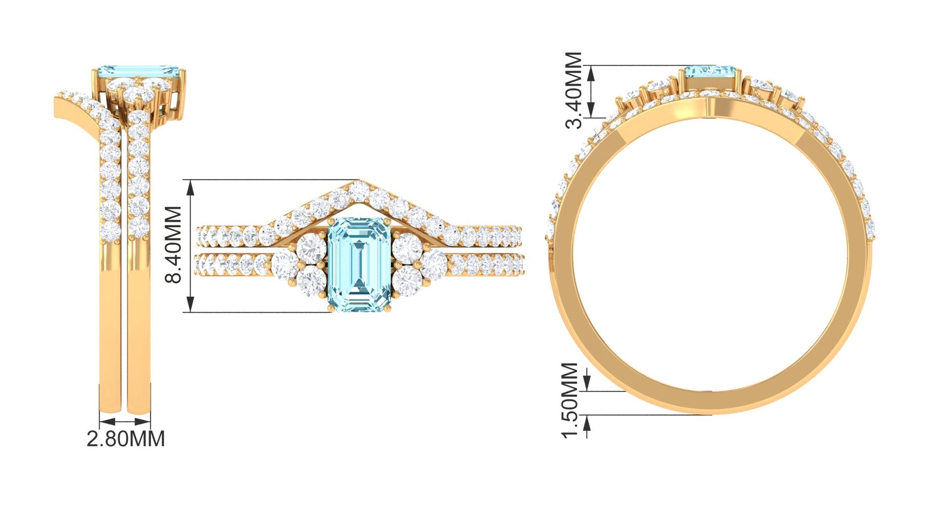 Genuine Aquamarine and Diamond Emerald Cut Wedding Ring Set with Certificate AAA - Rosec Jewels
