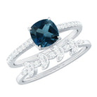 8mm Cushion Cut London Blue Topaz and Diamond Engagement Ring with Wedding Band AAA - Rosec Jewels