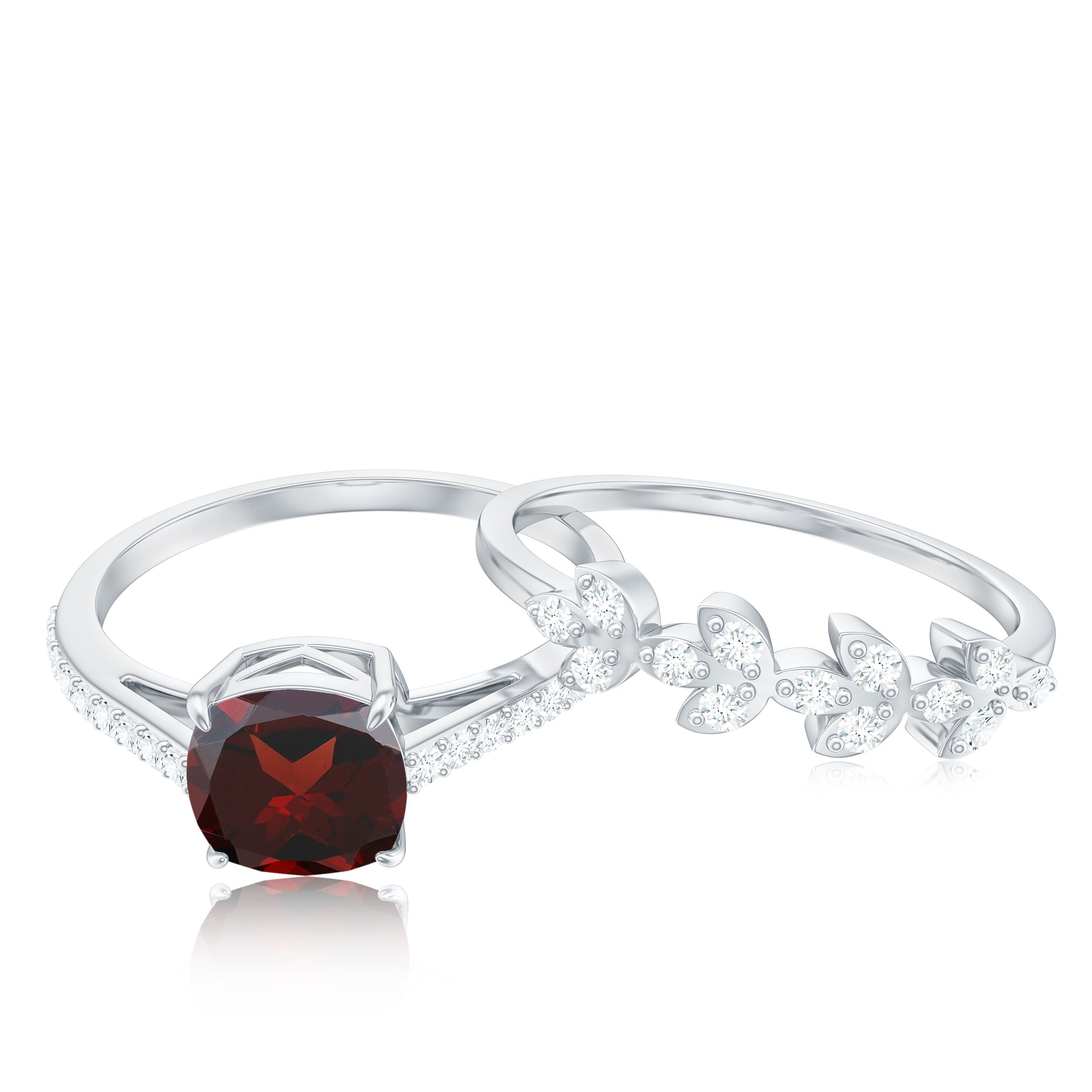 Rosec Jewels-Natural Cushion Cut Garnet Diamond Wedding Bridal Ring Set of 2