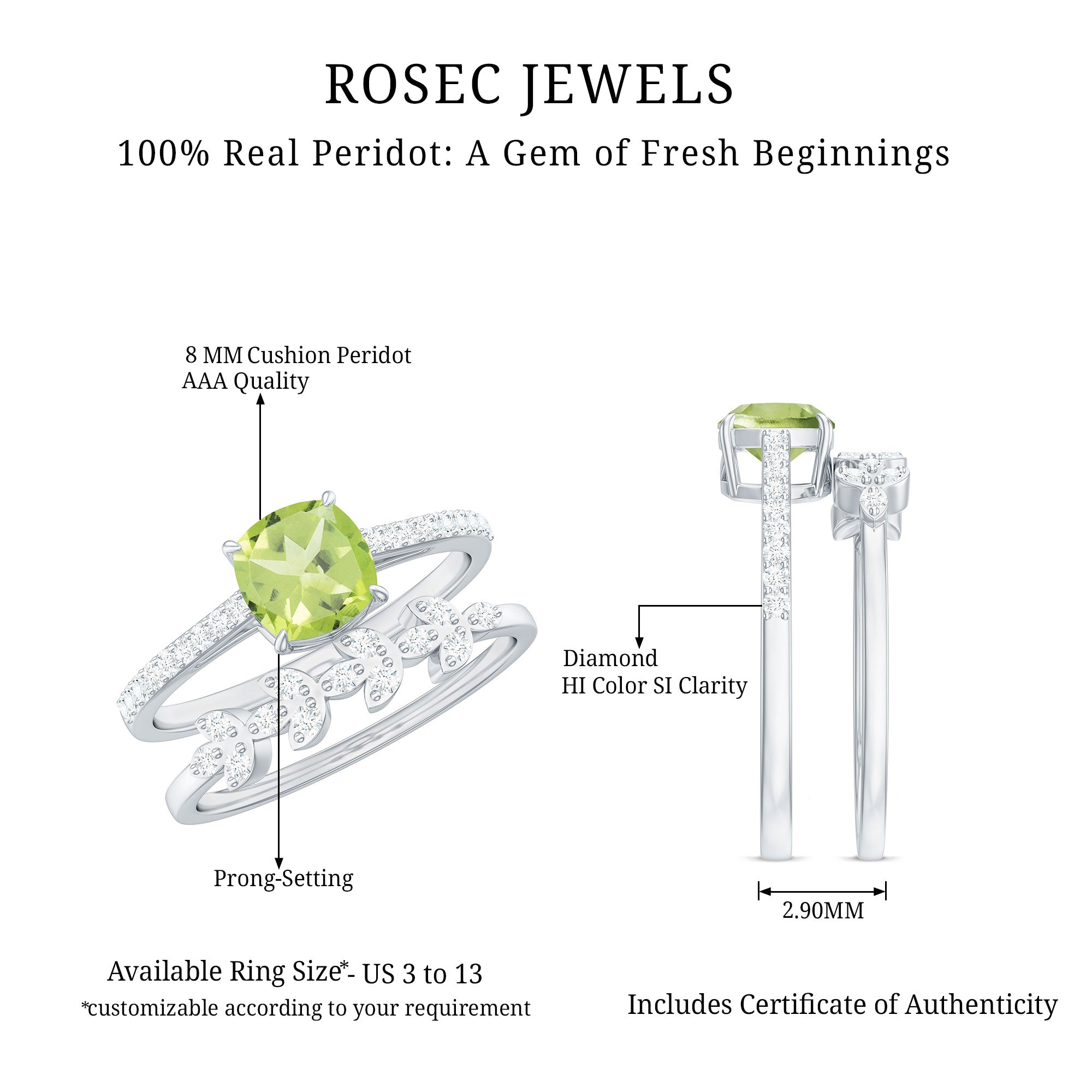 Certified Real 2 Carat Cushion Cut Peridot Engagement Ring with Diamond Enhancer AAA - Rosec Jewels