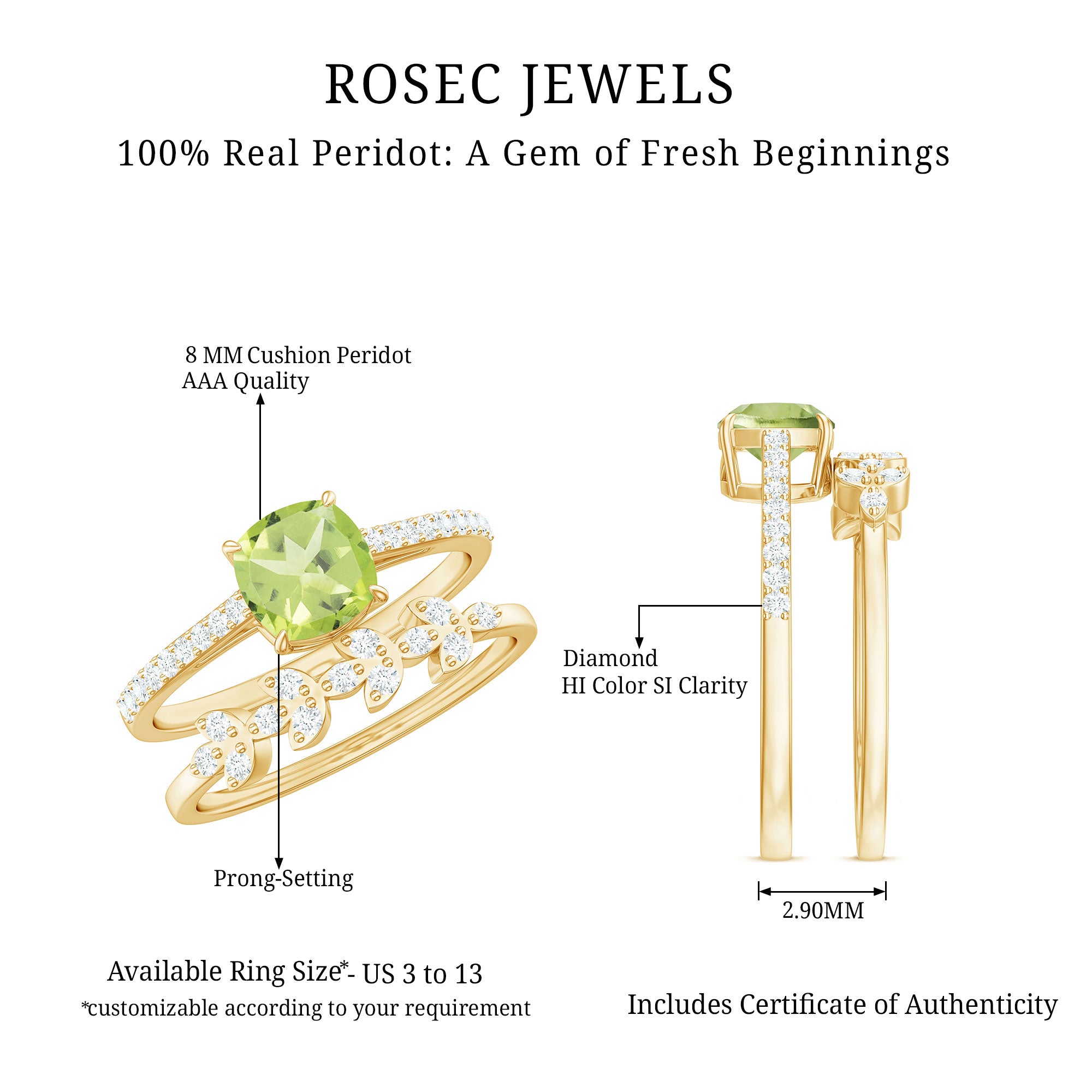 Certified Real 2 Carat Cushion Cut Peridot Engagement Ring with Diamond Enhancer AAA - Rosec Jewels