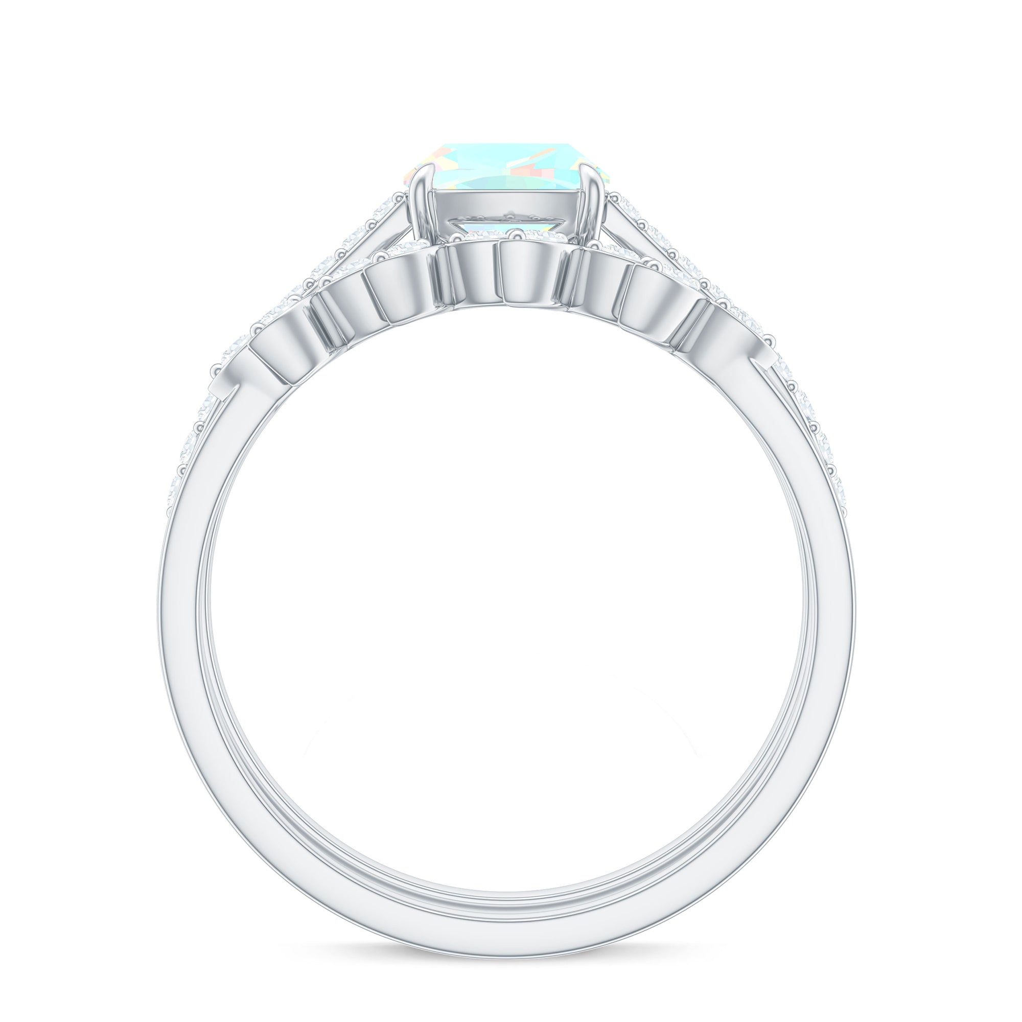 6 mm Cushion Cut Ethiopian Opal Solitaire Ring Set with Diamond Stackable Band AAA - Rosec Jewels