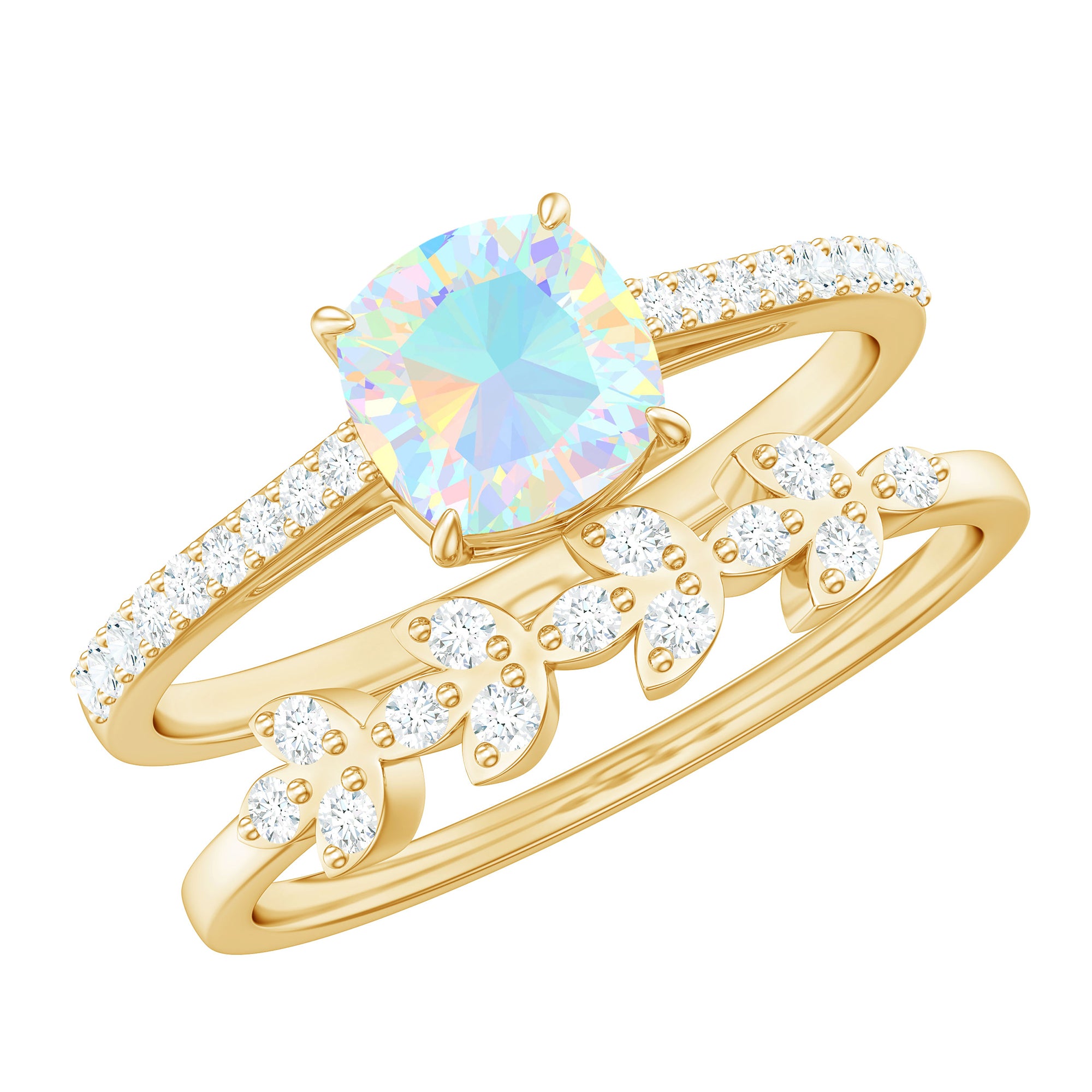 6 mm Cushion Cut Ethiopian Opal Solitaire Ring Set with Diamond Stackable Band AAA - Rosec Jewels