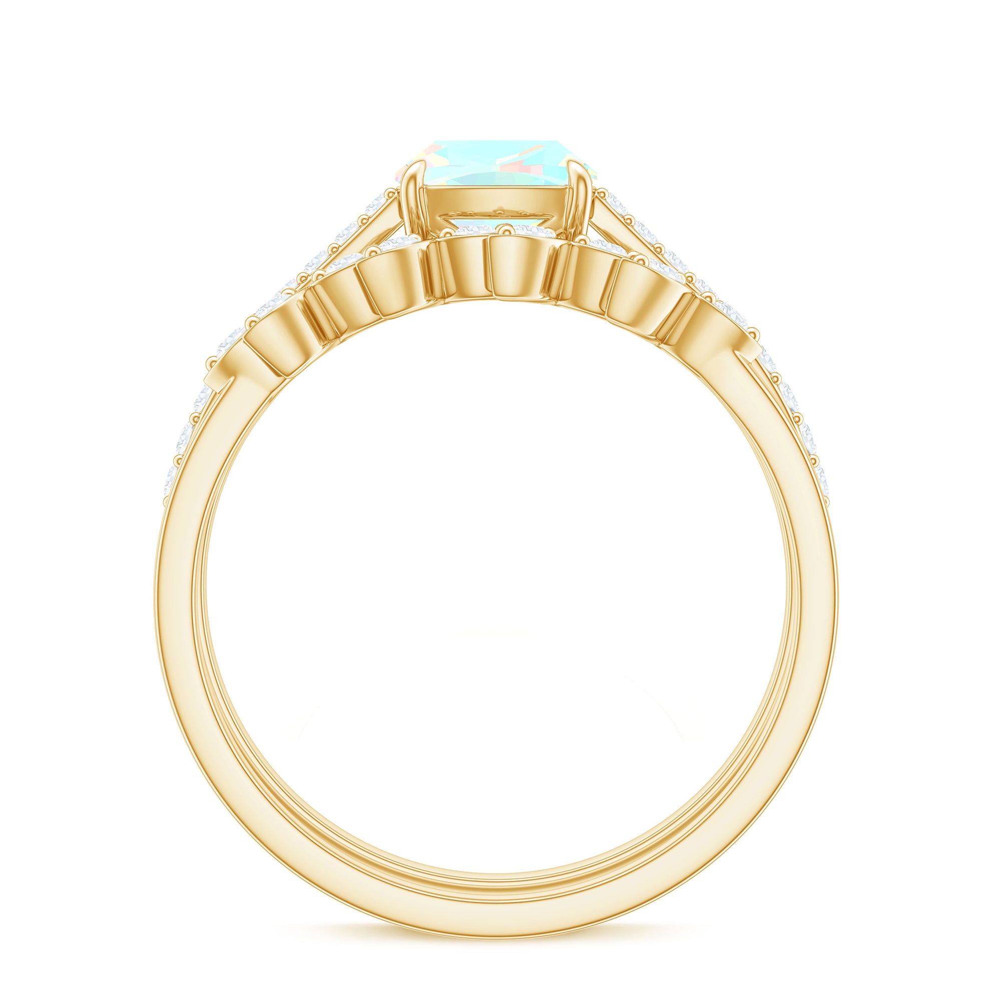 6 mm Cushion Cut Ethiopian Opal Solitaire Ring Set with Diamond Stackable Band AAA - Rosec Jewels