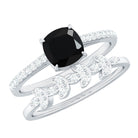 Cushion Cut Black Onyx and Diamond Engagement Ring with Leaf Wedding Band AAA - Rosec Jewels