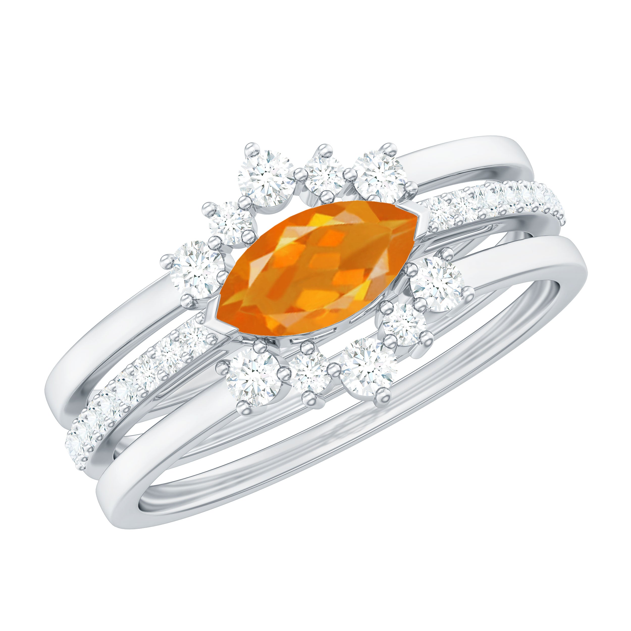 Rosec Jewels-Marquise Shape Fire Opal Ring Set with Diamond