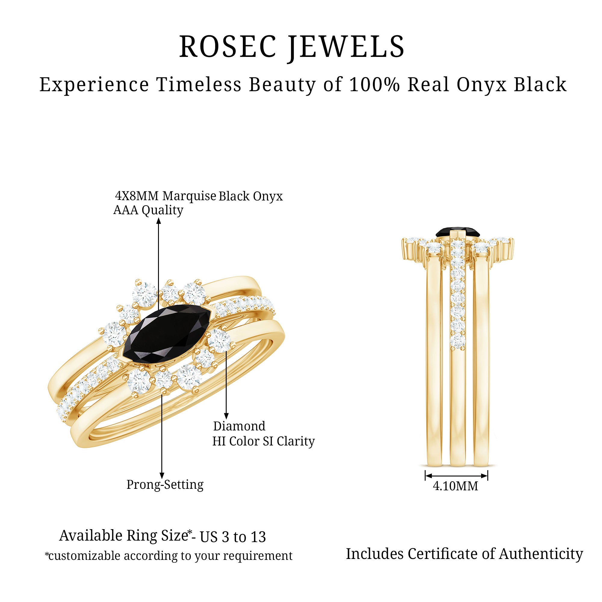 East West Set Black Onyx and Diamond Trio Wedding Ring Set AAA - Rosec Jewels