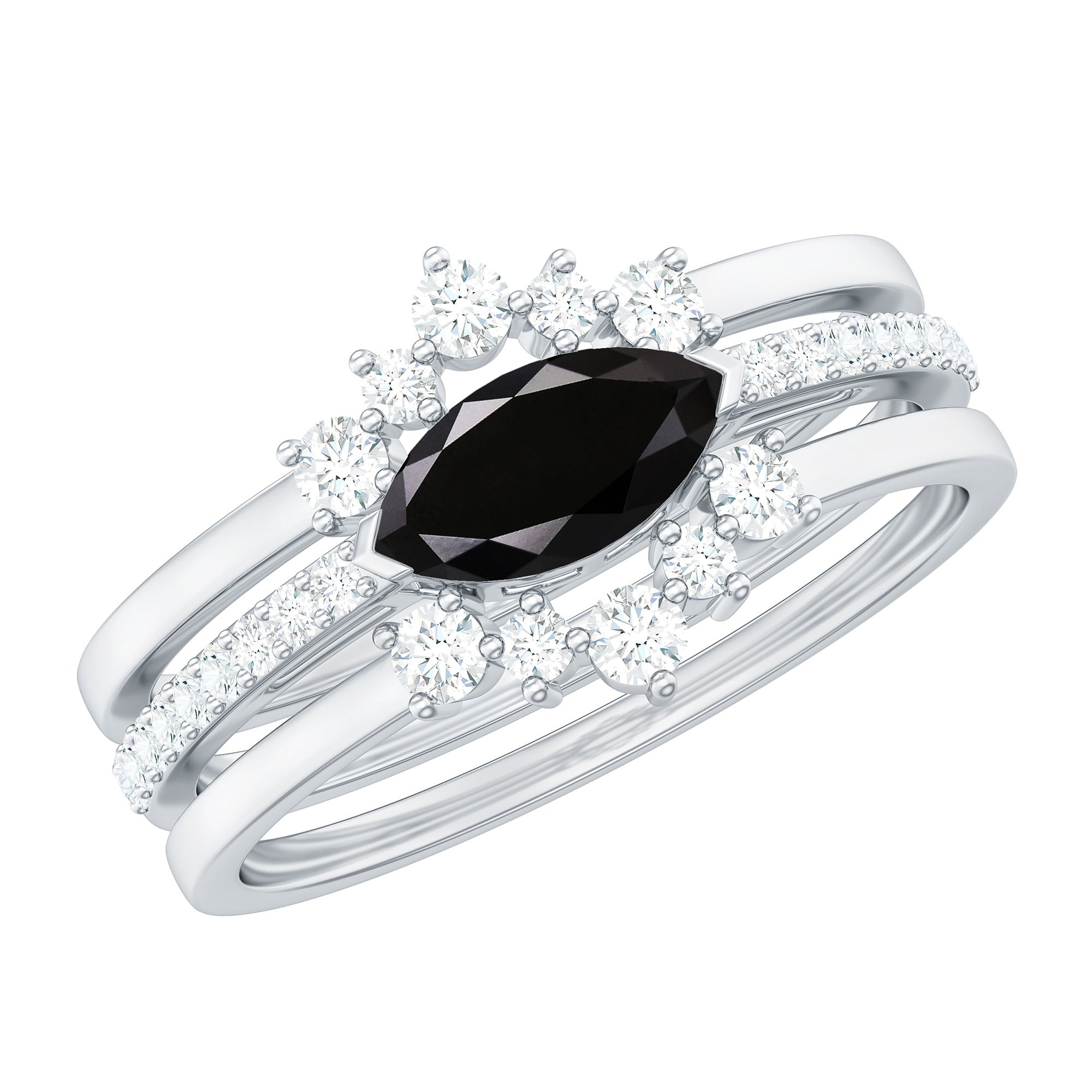 Natural Marquise Black Spinel Diamond 3 Piece Bridal Ring Set AAA - Rosec Jewels