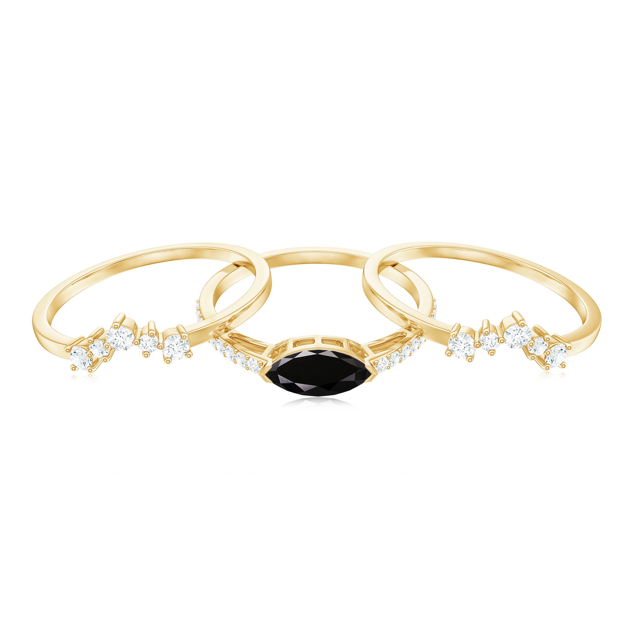 Natural Marquise Black Spinel Diamond 3 Piece Bridal Ring Set AAA - Rosec Jewels
