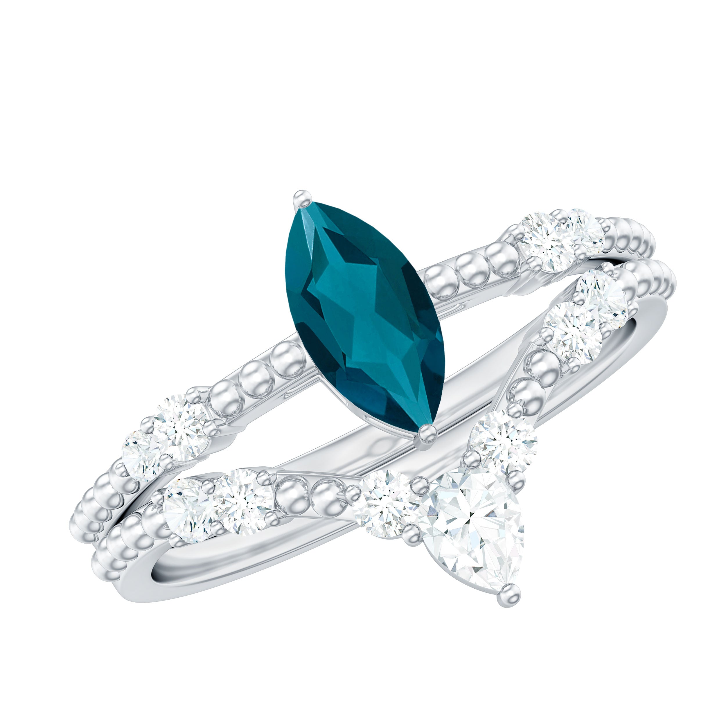 London Blue Topaz and Diamond Wedding Ring Set with Beaded Details AAA - Rosec Jewels