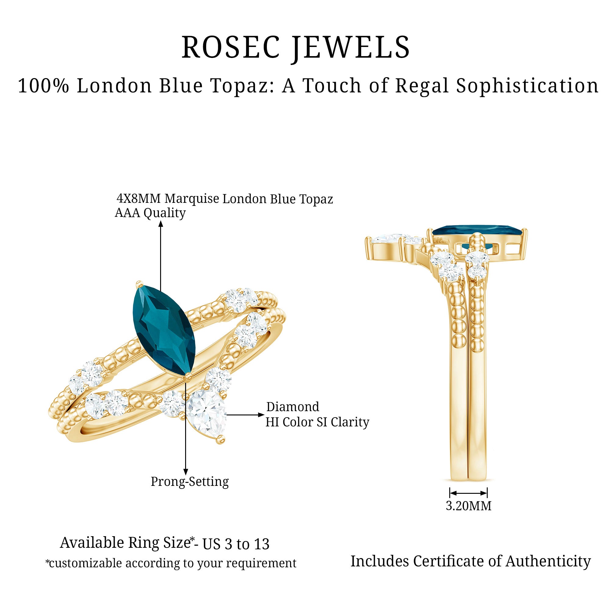 London Blue Topaz and Diamond Wedding Ring Set with Beaded Details AAA - Rosec Jewels