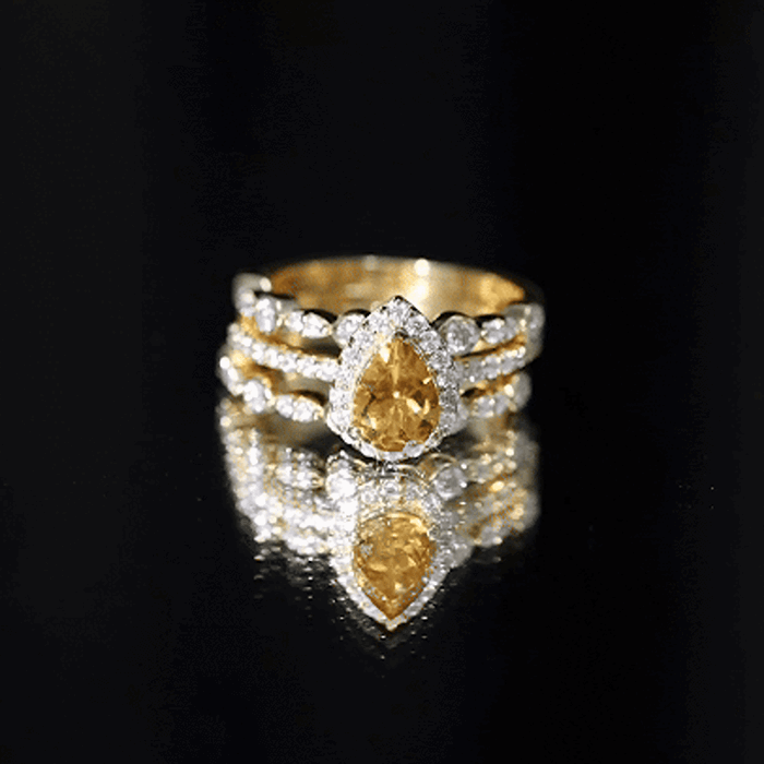 Pear Cut Citrine Bridal Trio Ring Set with Moissanite Band AAA - Rosec Jewels