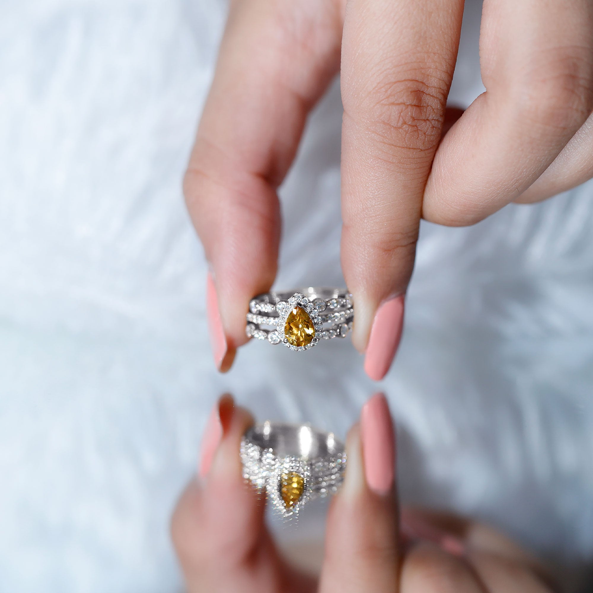 Pear Cut Citrine Bridal Trio Ring Set with Moissanite Band AAA - Rosec Jewels