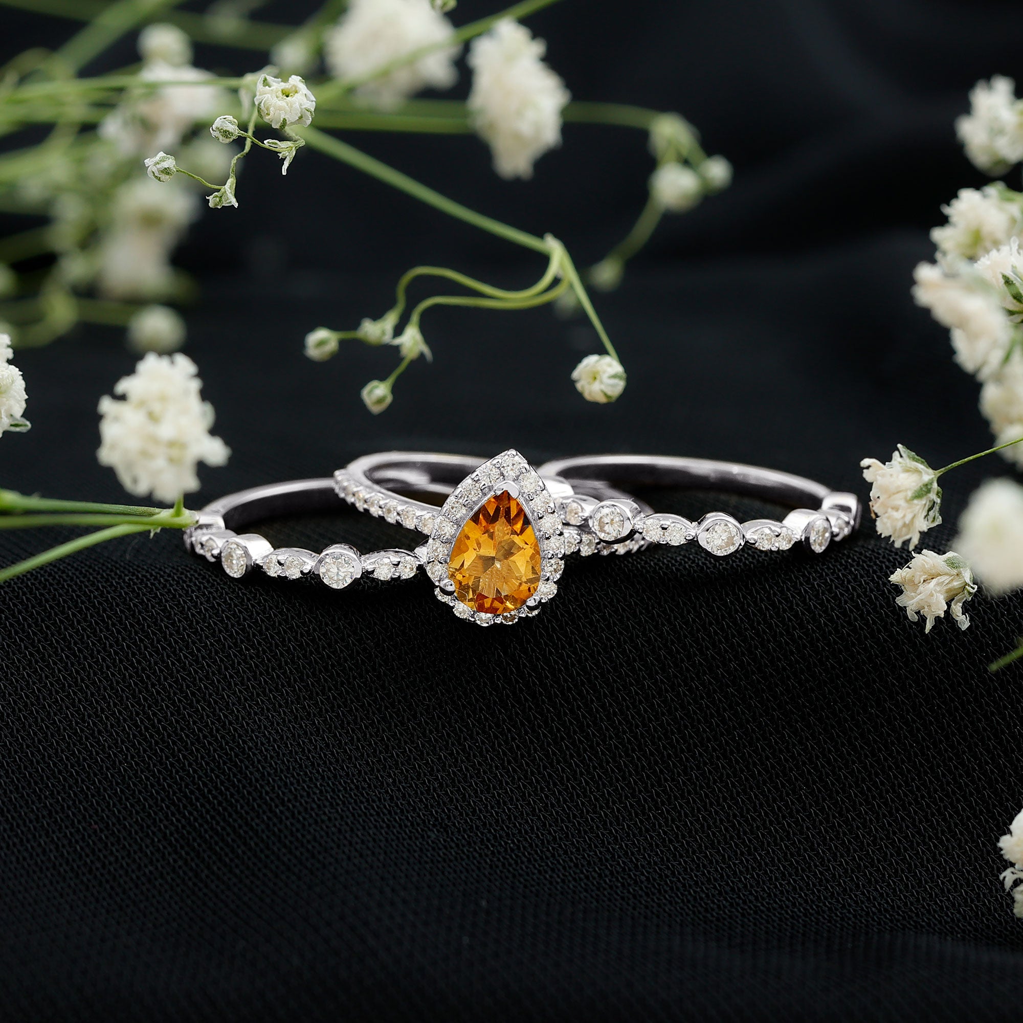 Pear Cut Citrine Bridal Trio Ring Set with Moissanite Band AAA - Rosec Jewels