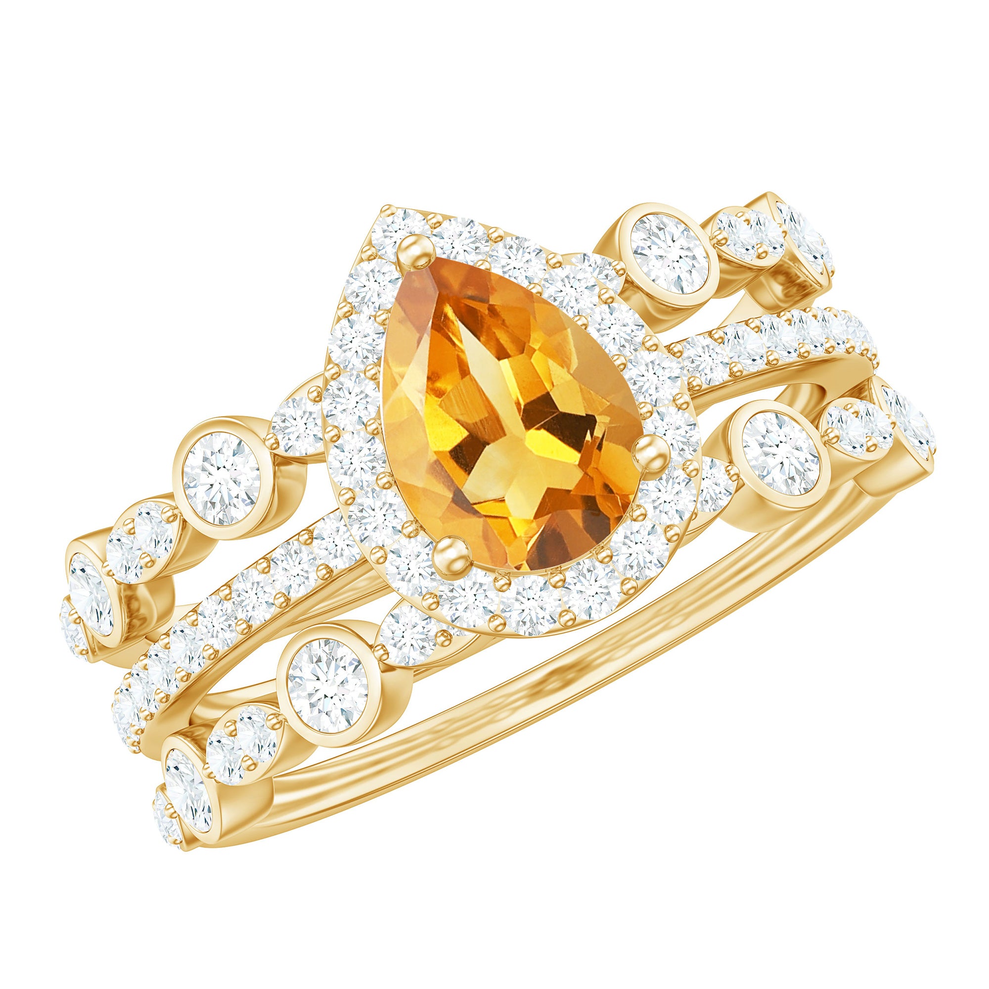 Pear Cut Citrine Bridal Trio Ring Set with Moissanite Band AAA - Rosec Jewels