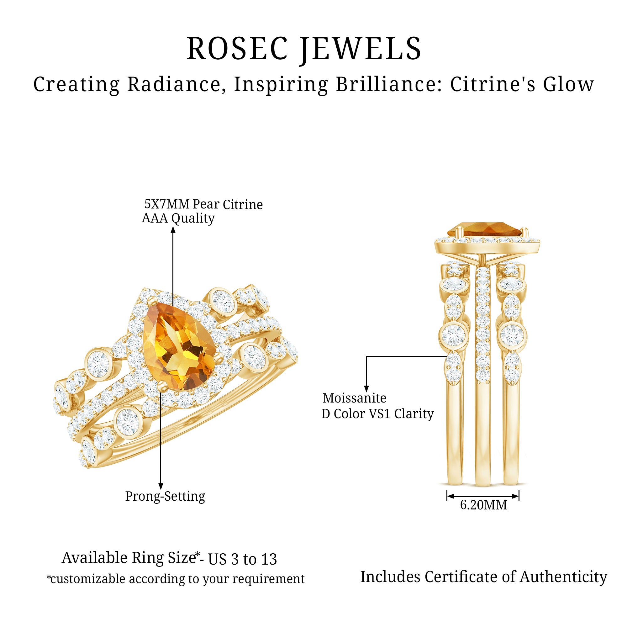 Pear Cut Citrine Bridal Trio Ring Set with Moissanite Band AAA - Rosec Jewels