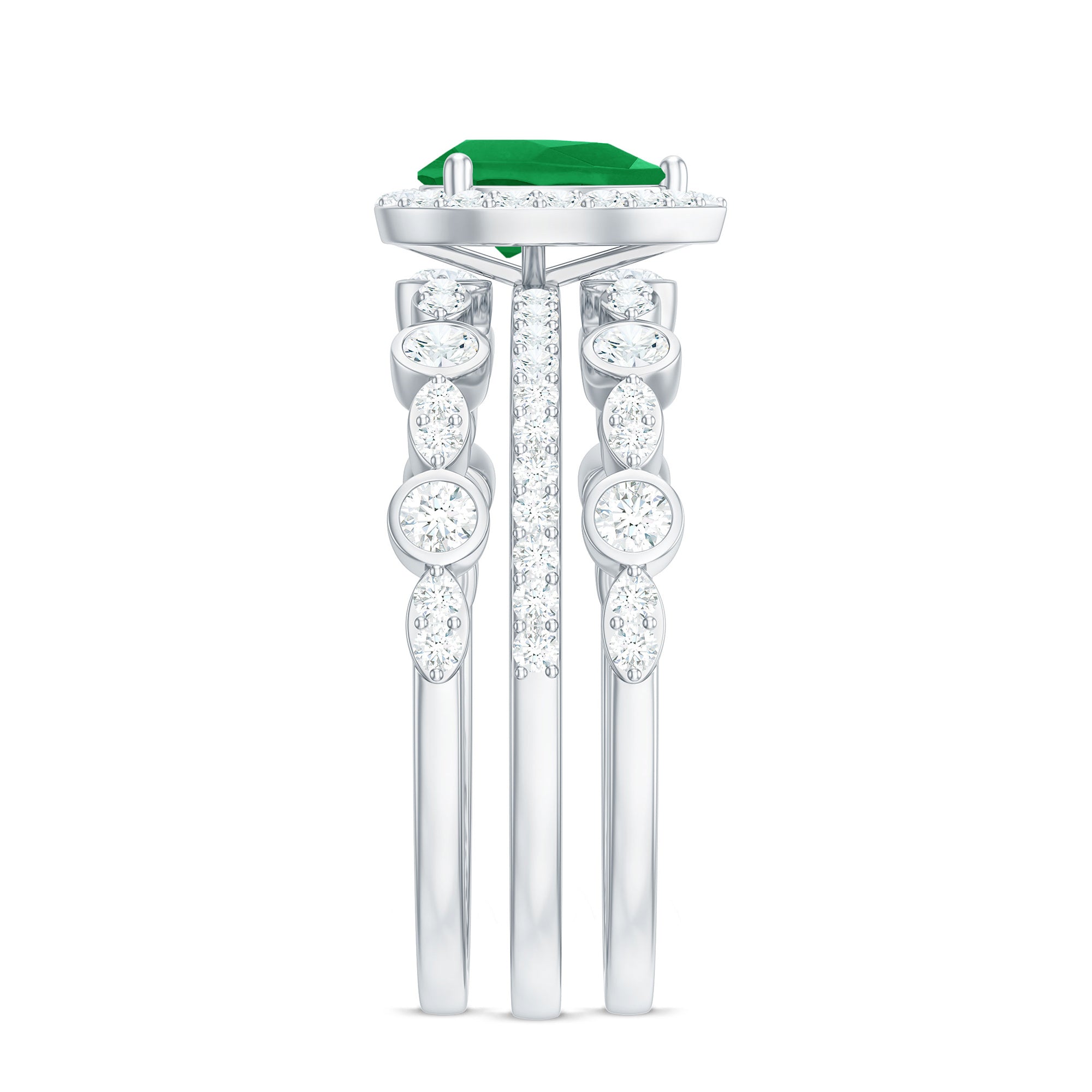 Natural Emerald Teardrop Engagement Ring and Wedding Band Set of 3 AAA - Rosec Jewels