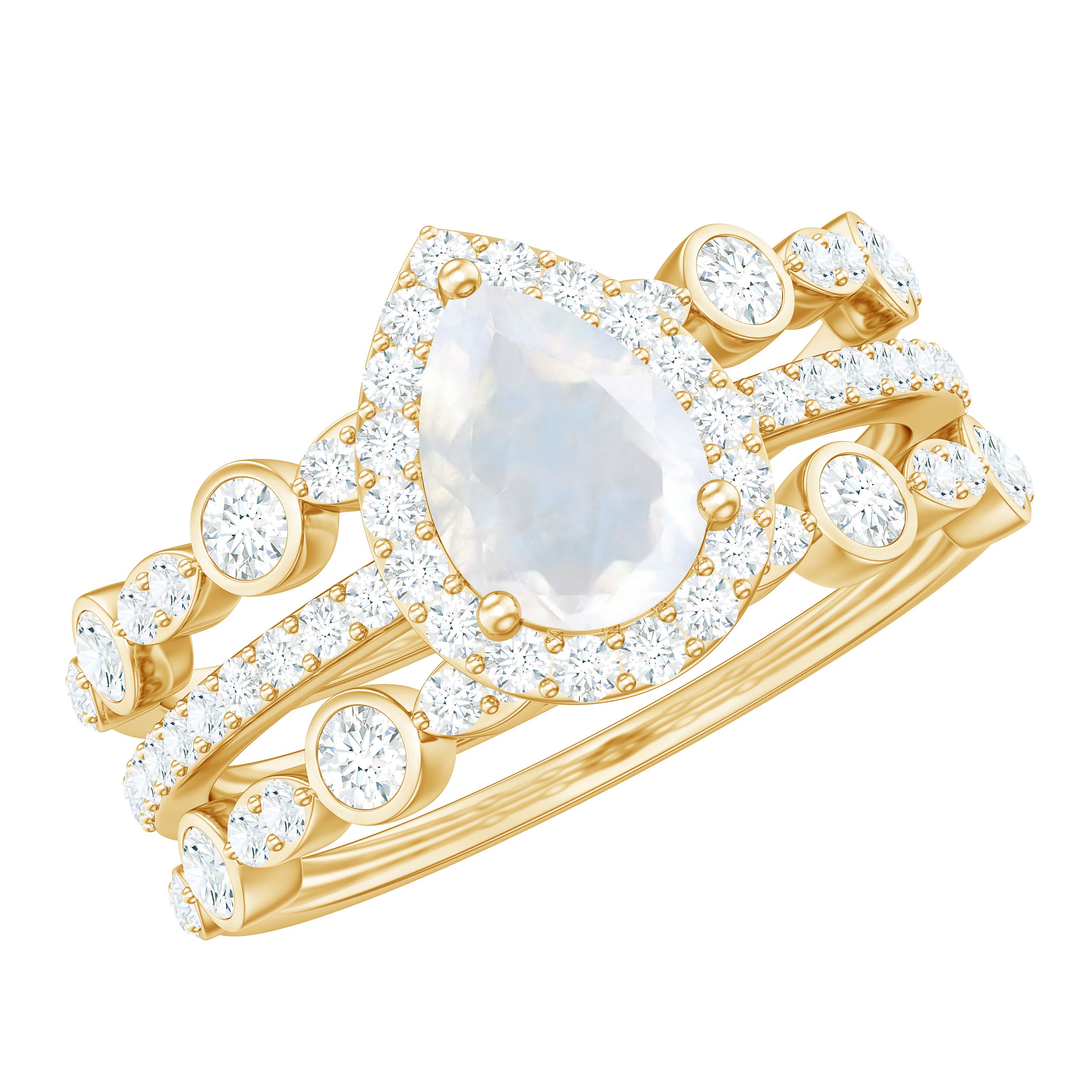 Pear Cut Moonstone Bridal Trio Ring Set with Moissanite Band AAA - Rosec Jewels